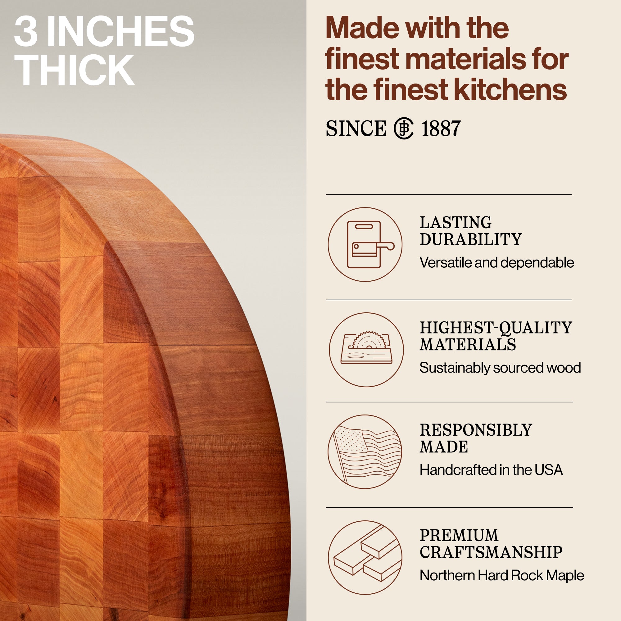 John Boos Maple Wood End Grain Round Board for Kitchen, 18" x 18" x 3"