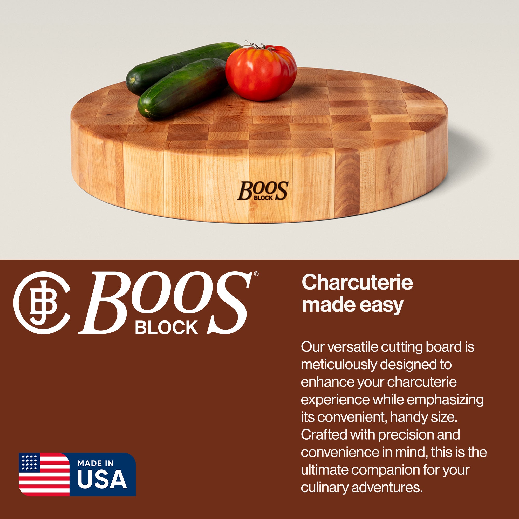 John Boos Maple Wood End Grain Round Board for Kitchen, 18" x 18" x 3"