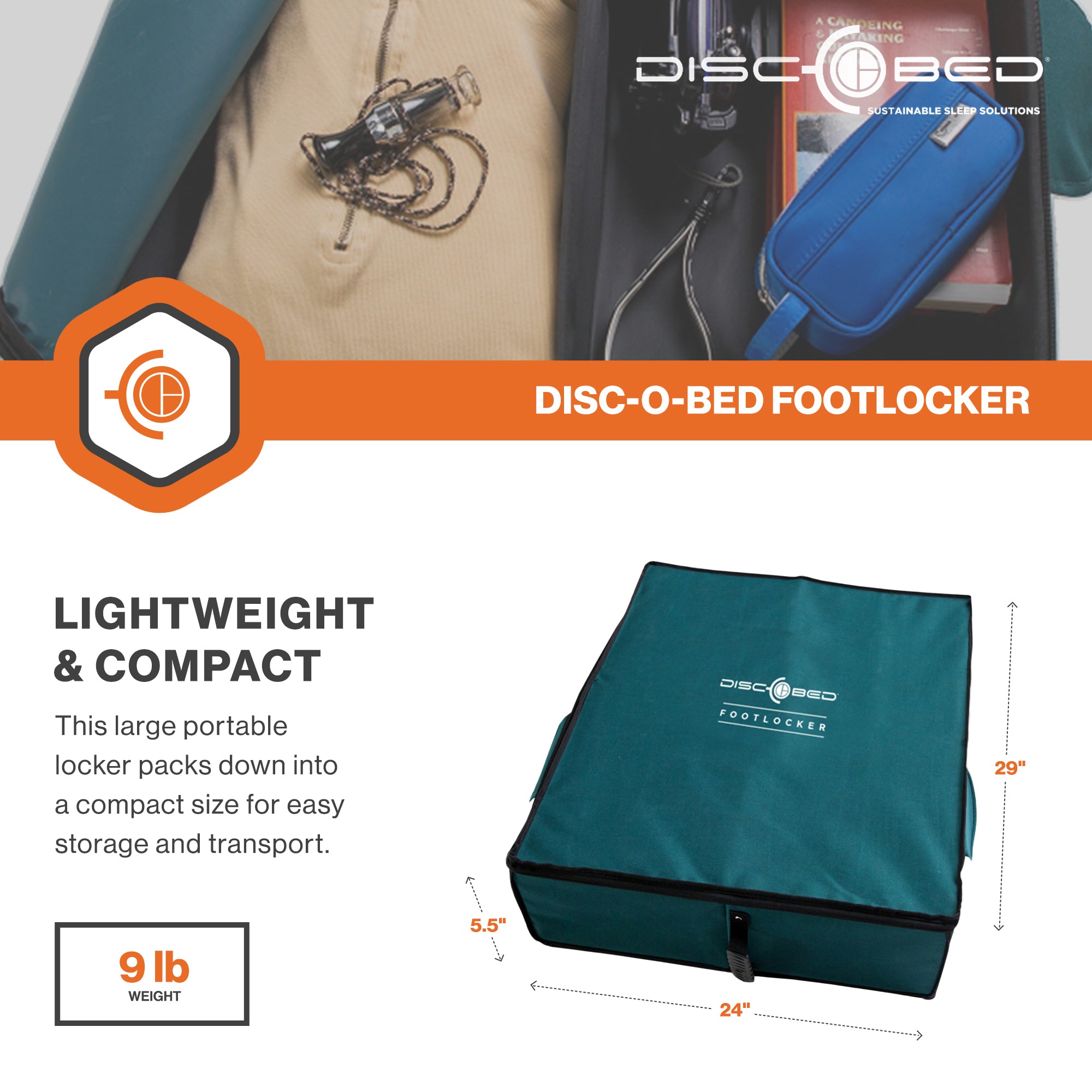 Disc-O-Bed Footlocker, Expandable Under Cot Storage for Camping Gear, Green
