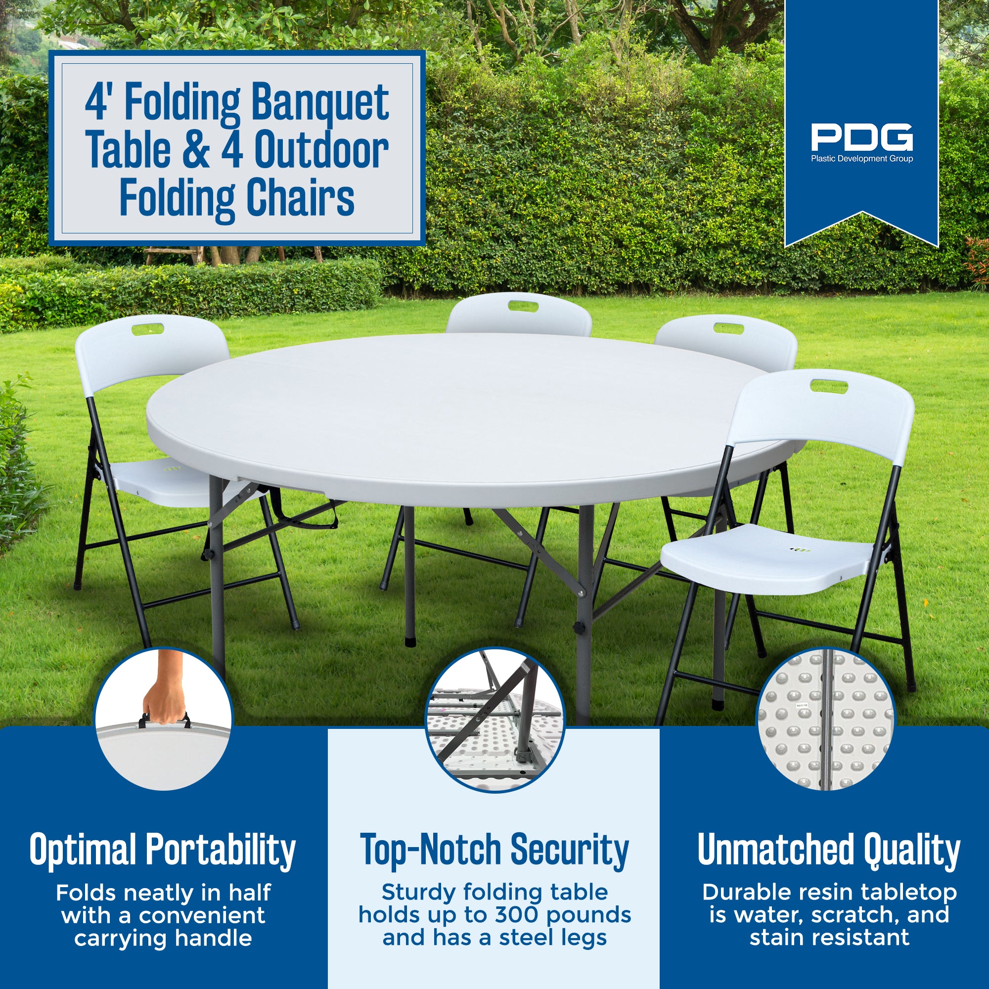 Plastic Development Group 4' Folding Banquet Table & 4 Outdoor Folding Chairs - VMInnovations