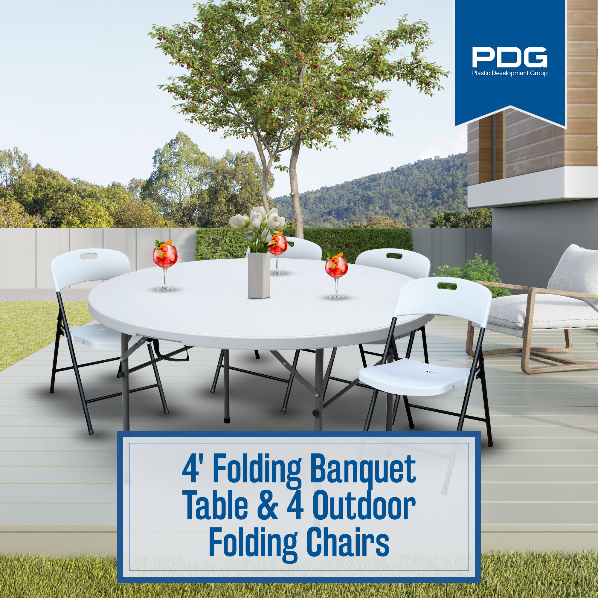 Plastic Development Group 4' Folding Banquet Table & 4 Outdoor Folding Chairs - VMInnovations