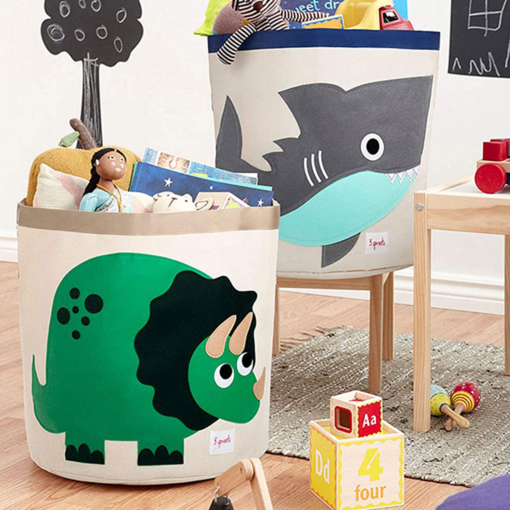 3 Sprouts Baby/Toddler Room Storage Laundry Toy Basket, Cat & Dinosaur (2 Pack)