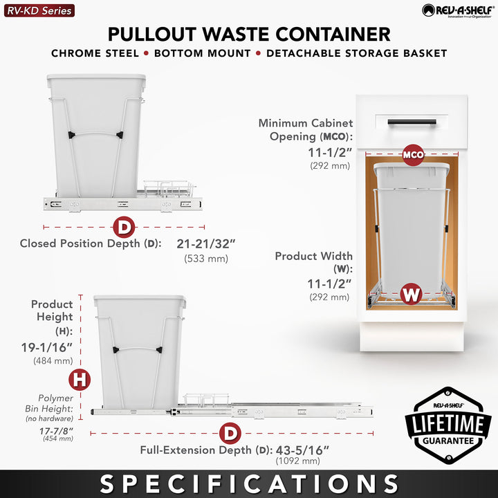 Rev-A-Shelf Pullout Trash Can 35 qt. for Kitchen Cabinets, White, RV-12KD-11C S - VMInnovations