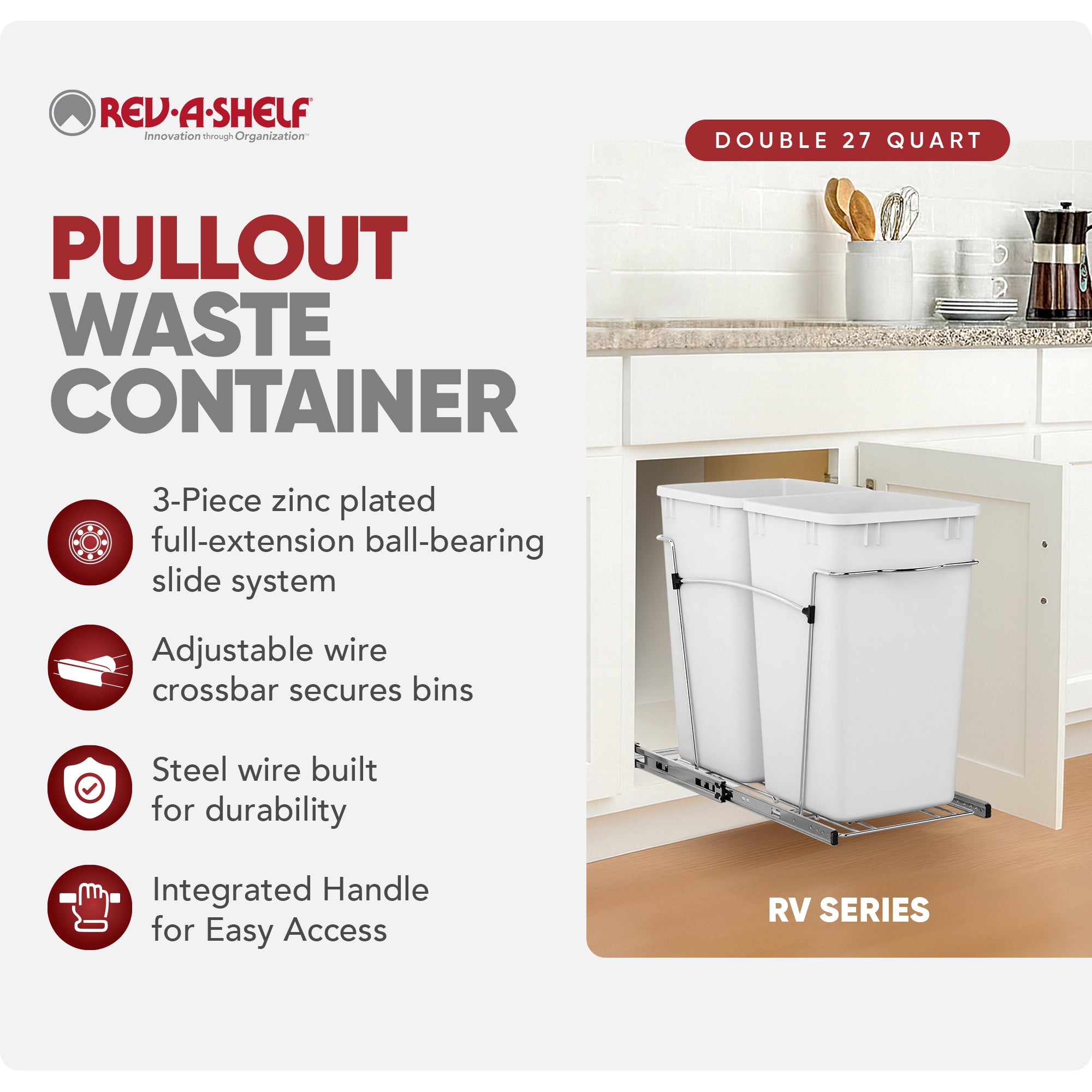 Rev-A-Shelf Double Pullout Trash Cans 27 qt. for Kitchen, White, RV-15KD-11C S