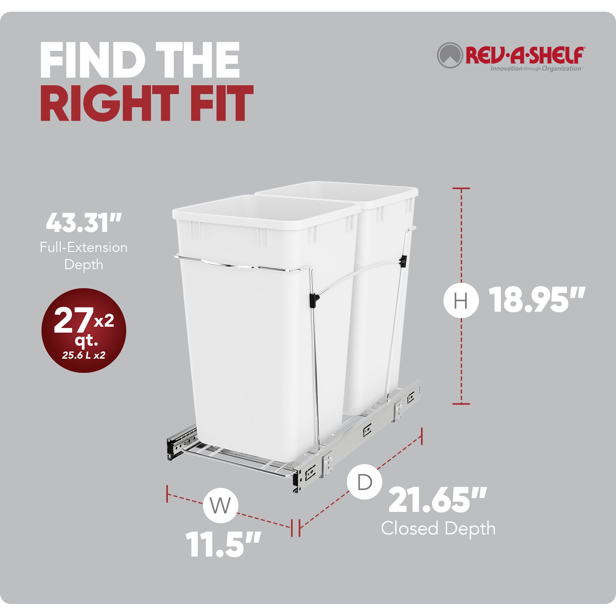 Rev-A-Shelf Double Pullout Trash Cans 27 qt. for Kitchen, White, RV-15KD-11C S