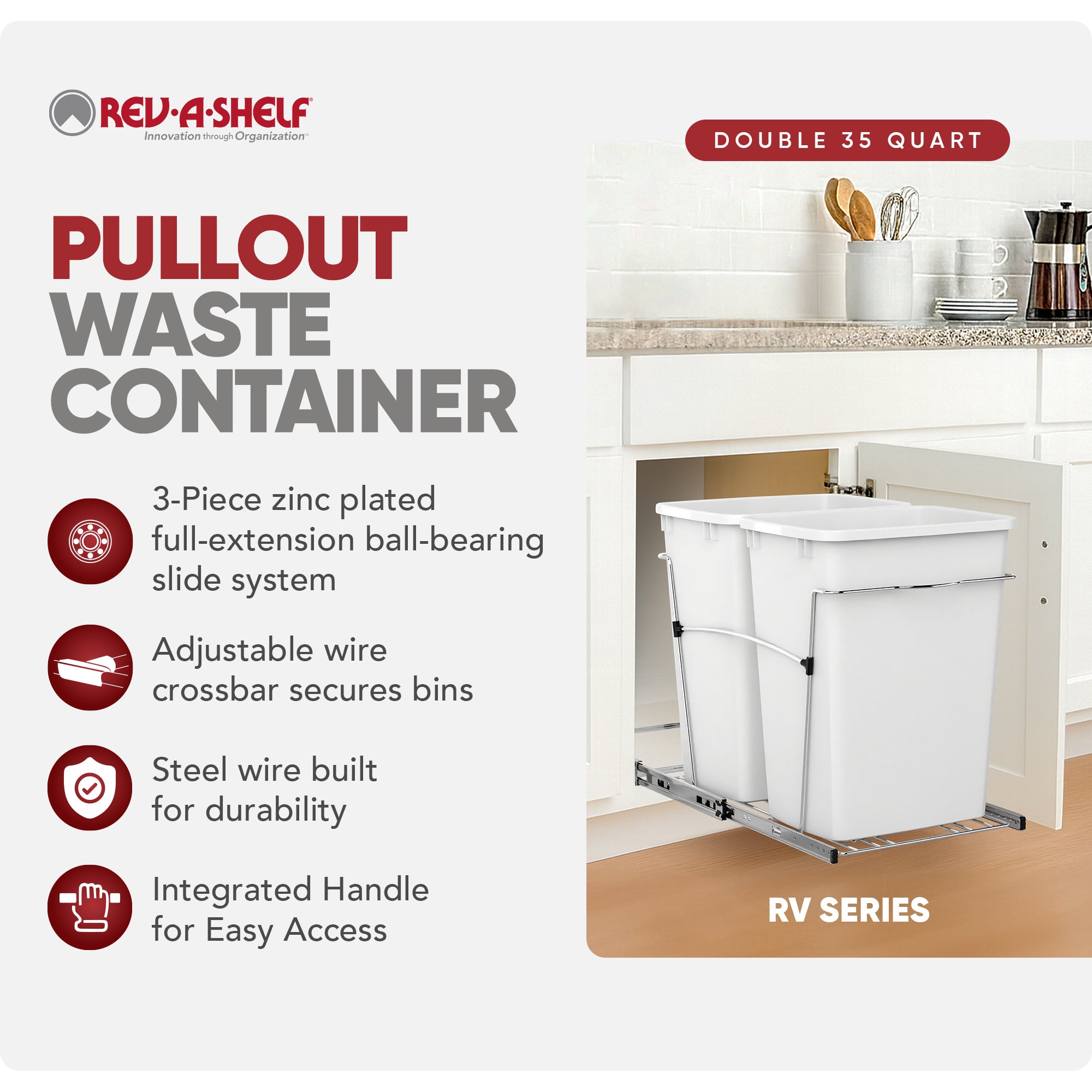 Rev-A-Shelf Double Pullout Trash Can 35 qt. for Kitchen, White, RV-18KD-11C S