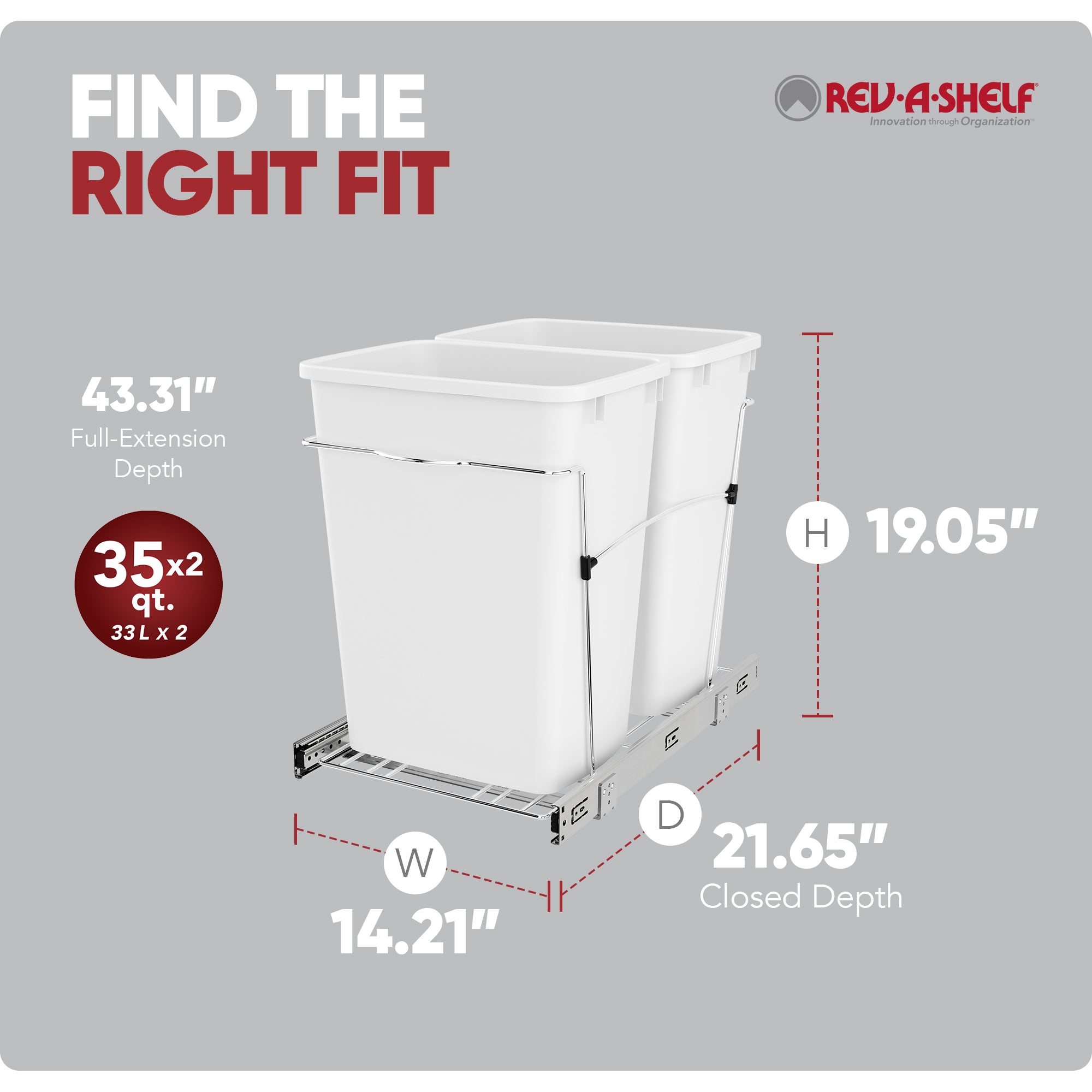Rev-A-Shelf Double Pullout Trash Can 35 qt. for Kitchen, White, RV-18KD-11C S