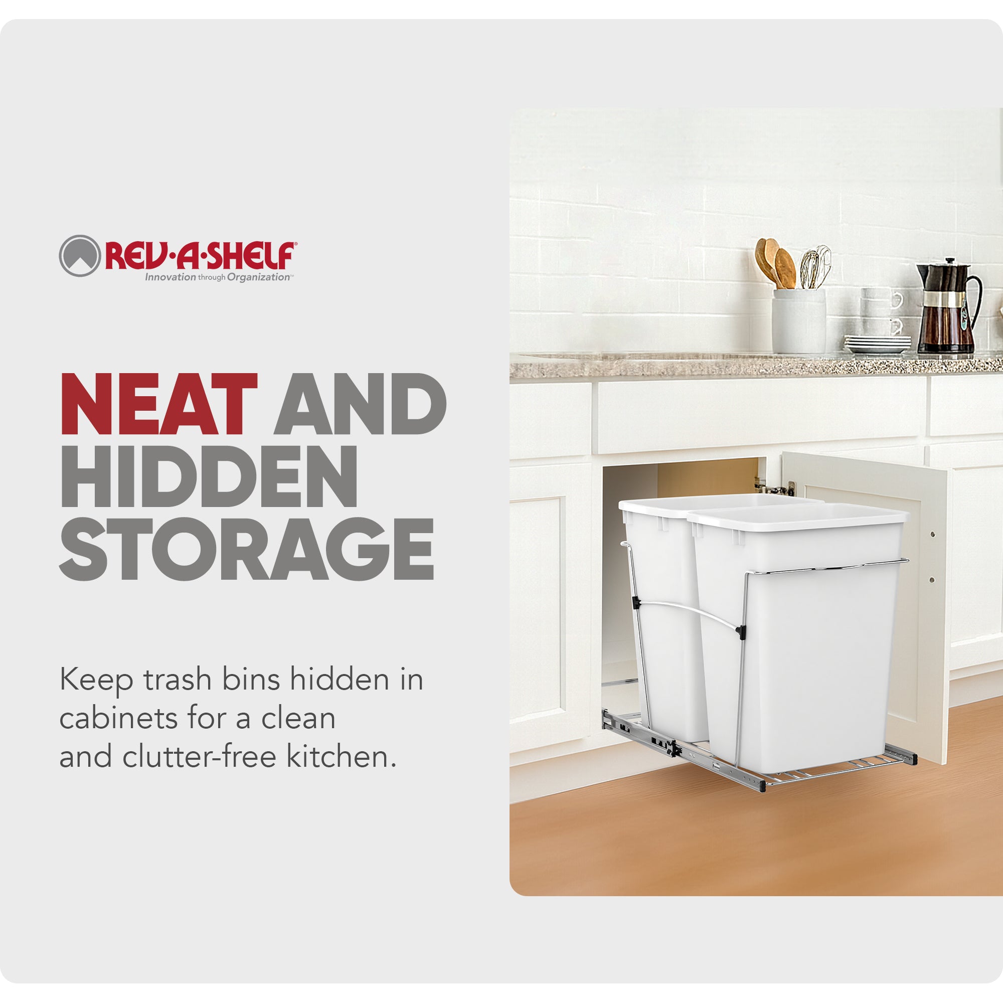 Rev-A-Shelf Double Pullout Trash Can 35 qt. for Kitchen, White, RV-18KD-11C S