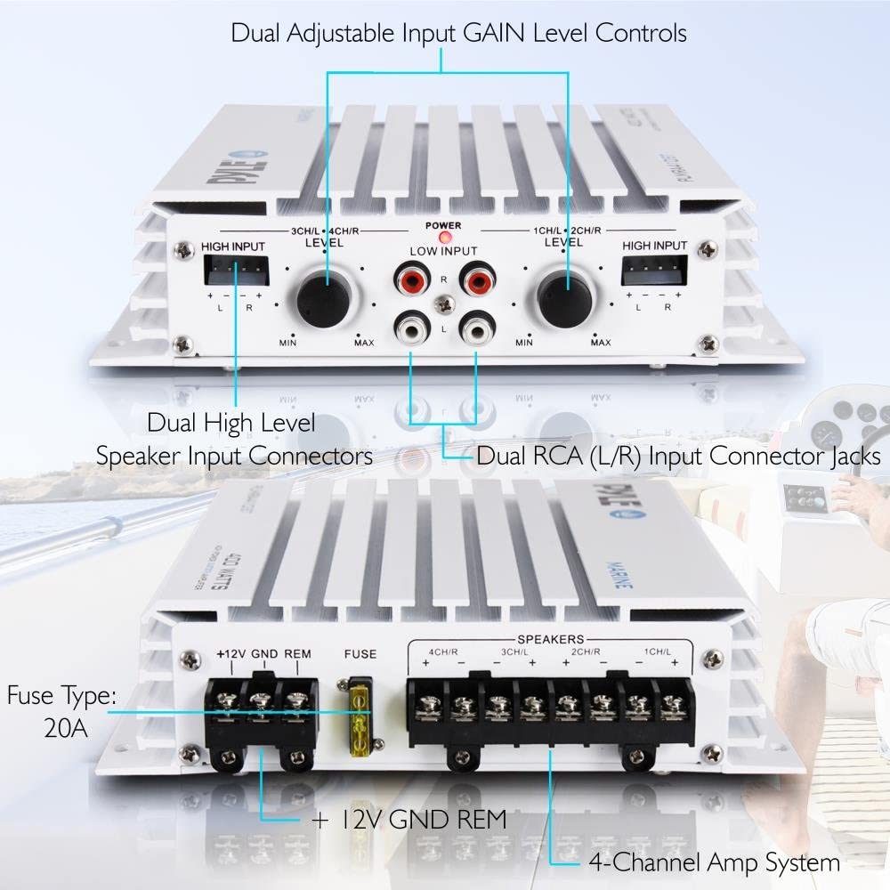 Pyle PLMRA410BT Bluetooth 400 Watt 4 Channel Waterproof Marine Boat Amplifier
