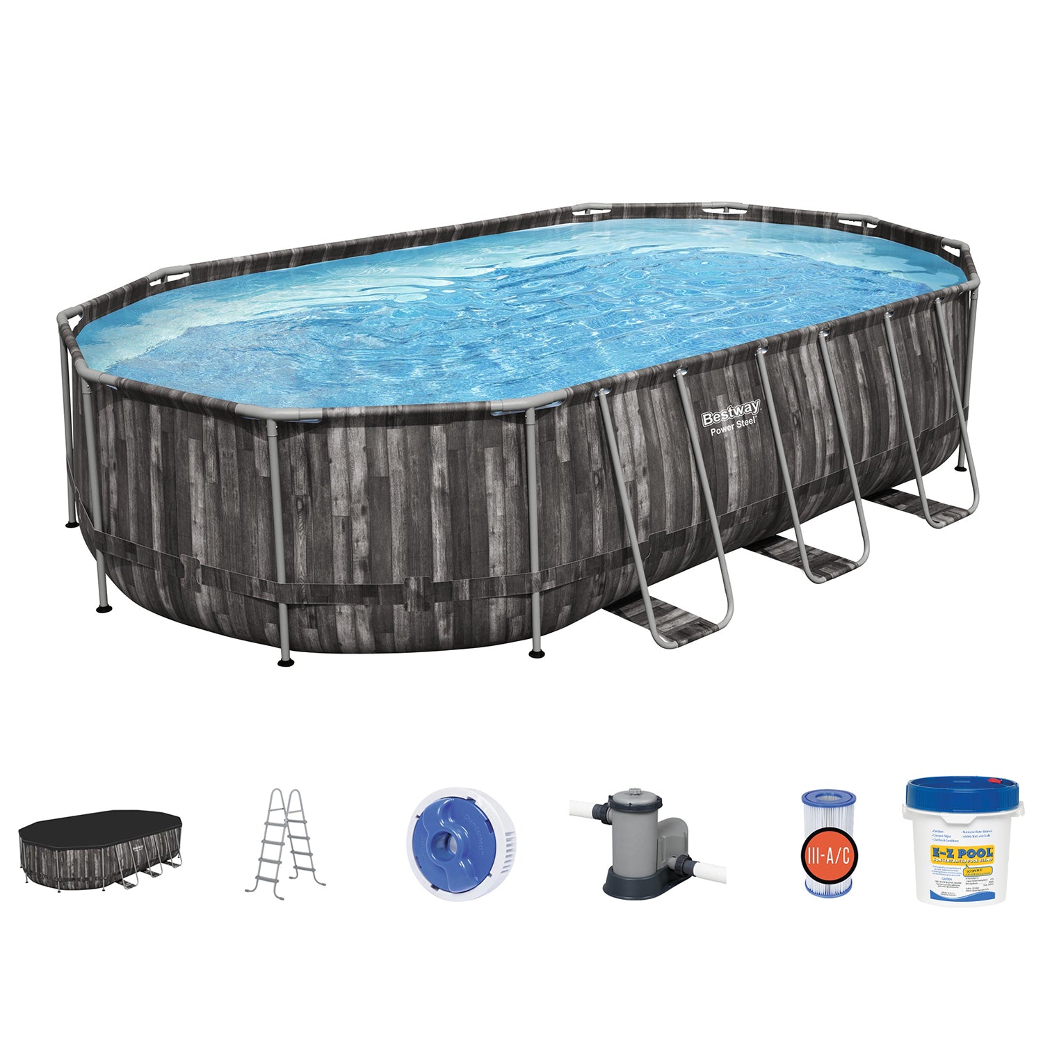 Bestway 5611SE-BW Power Steel Frame 20 x 12 x 4 Foot Above Ground Oval Pool Set