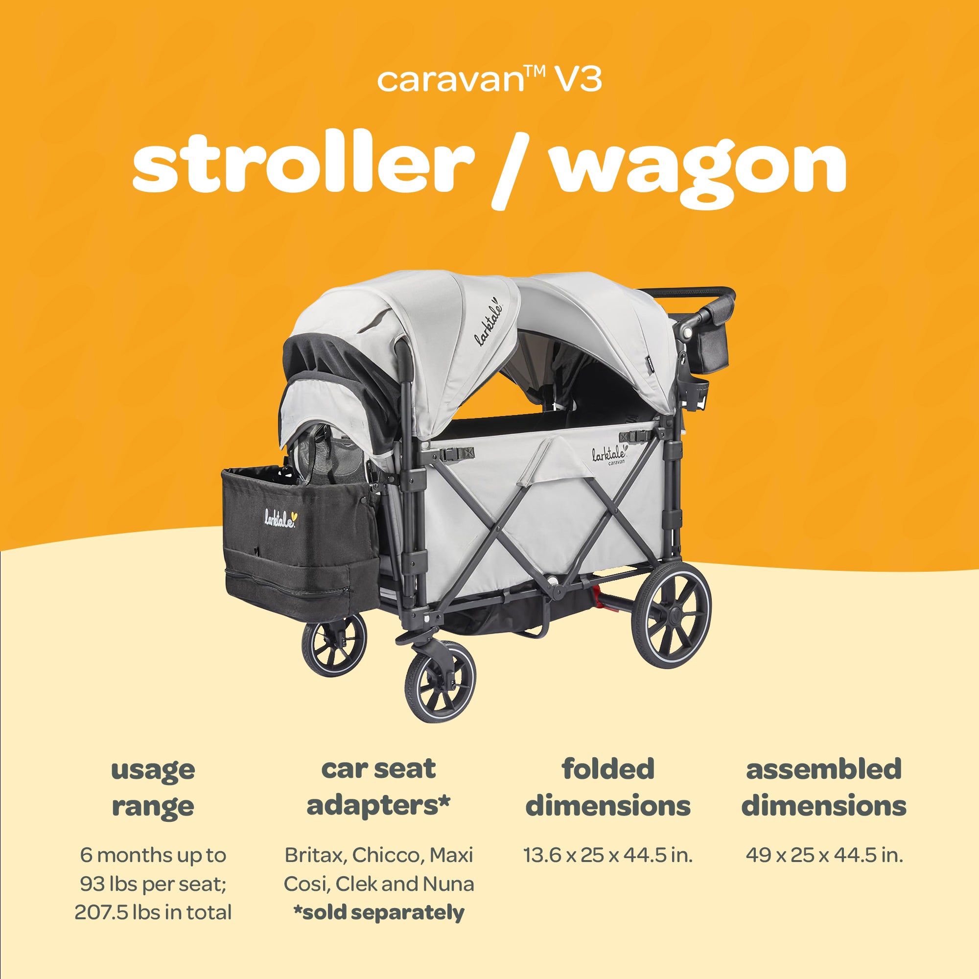Larktale Caravan V3 Stroller, 2-Seater Kids Wagon, 207 lb Capacity, Avalon Gray - VMInnovations