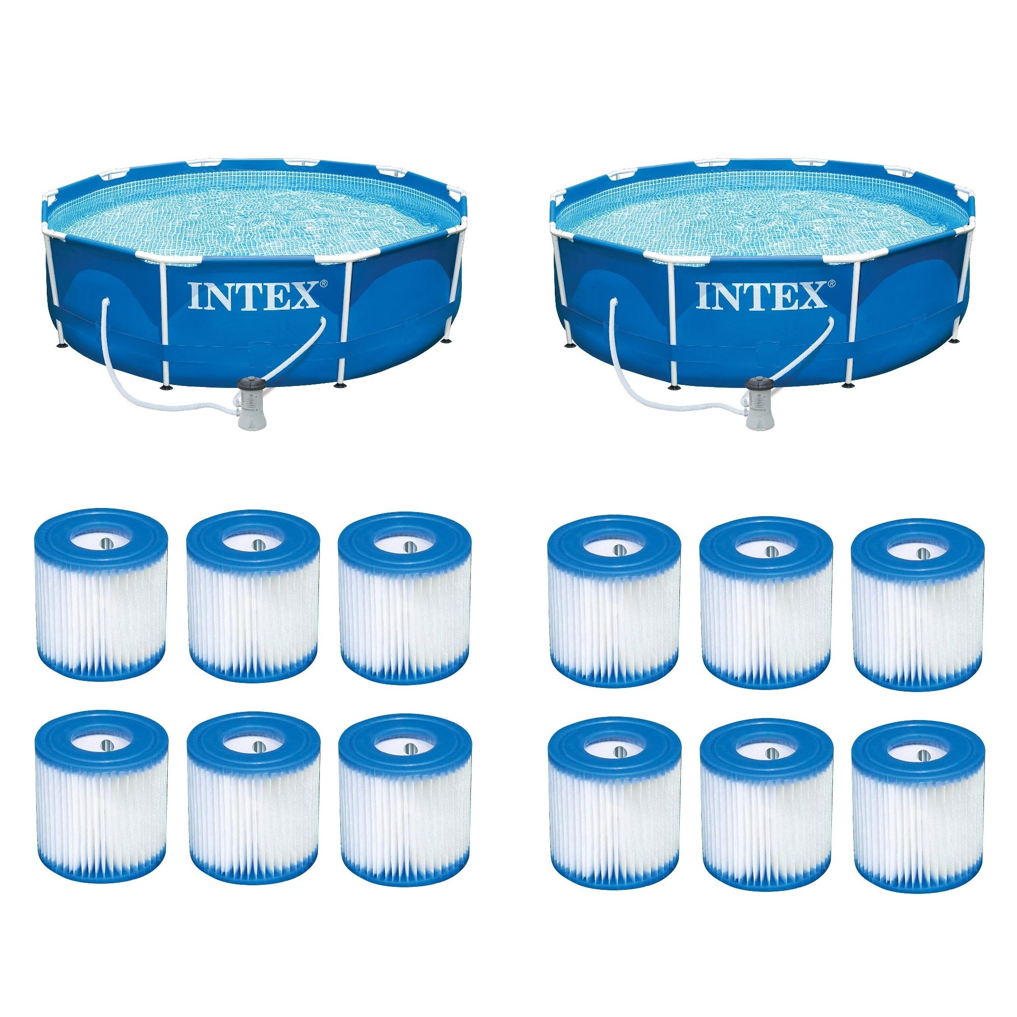 Intex 10'x30" Swimming Pool Set w/ Filter Pump (2 Pack) Filter Cartridge(12Pack) - VMInnovations