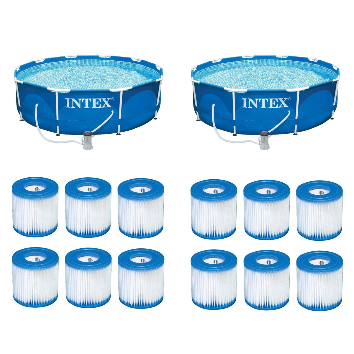 Intex 10'x30" Swimming Pool Set w/ Filter Pump (2 Pack) Filter Cartridge(12Pack)