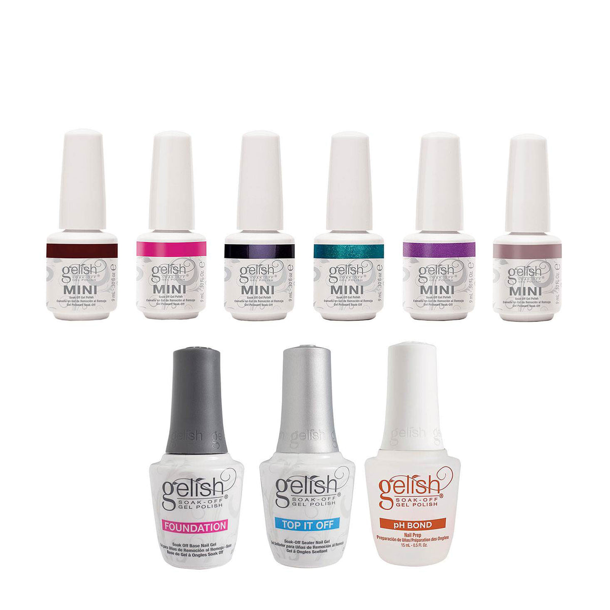 Gelish Mini Essentials & Colors Soak Off Gel Nail Polish Kit Bottles (9 Pack)