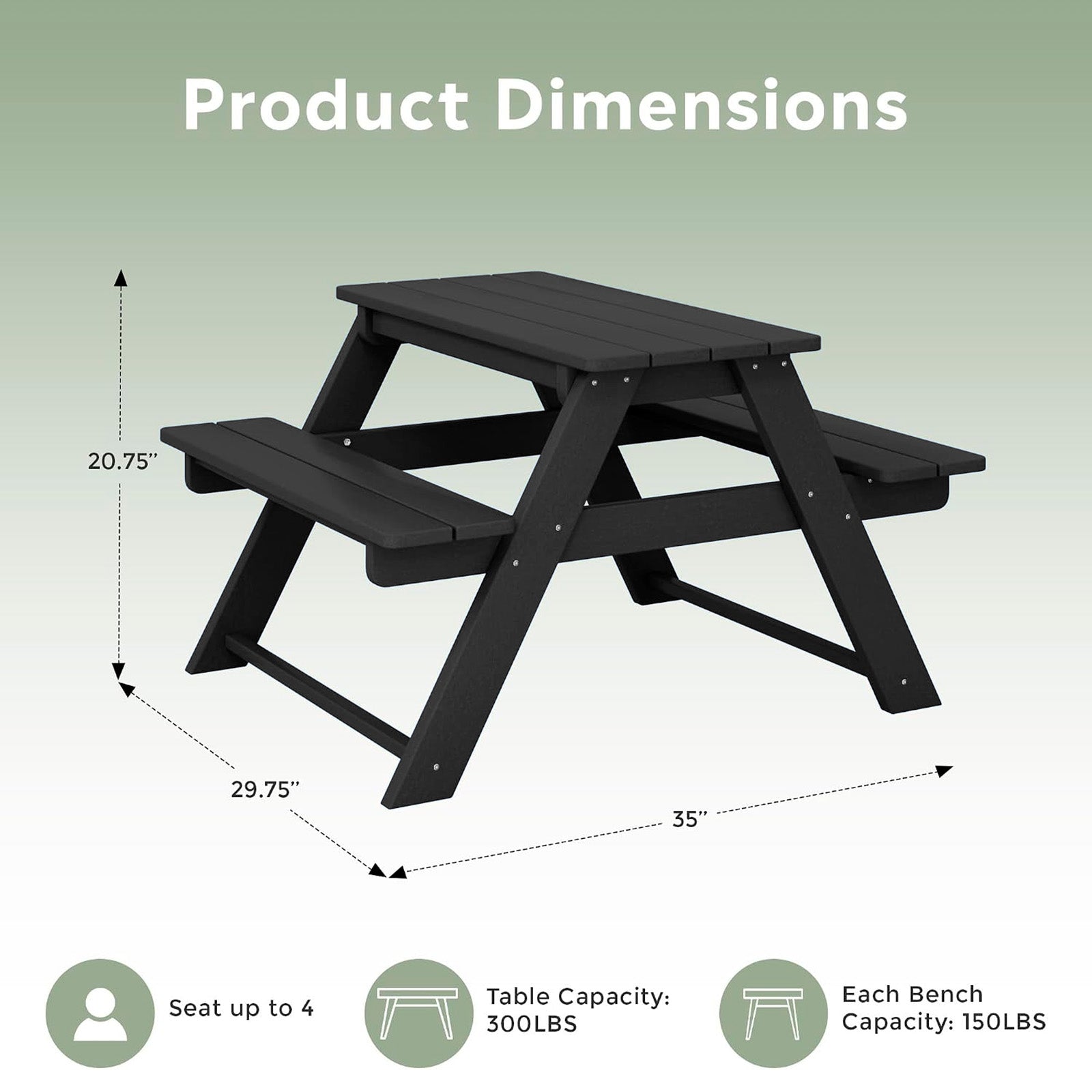 WestinTrends Malibu Indoor/Outdoor Patio HDPE Picnic Bench Table for Kids, Black