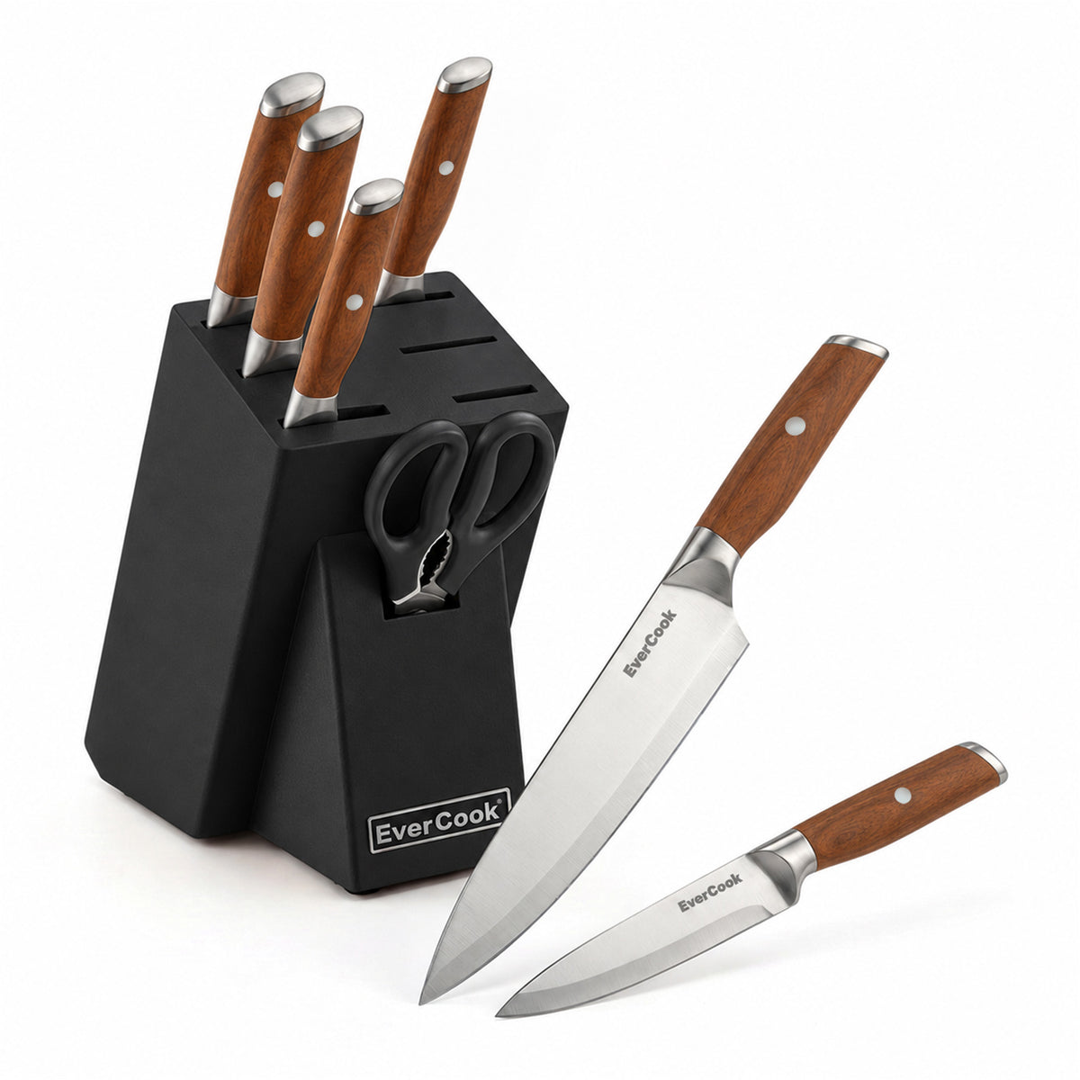 EverCook 8Pc Knife Block Set, Stainless Blade, Wood Handle, Rubberwood Block - VMInnovations