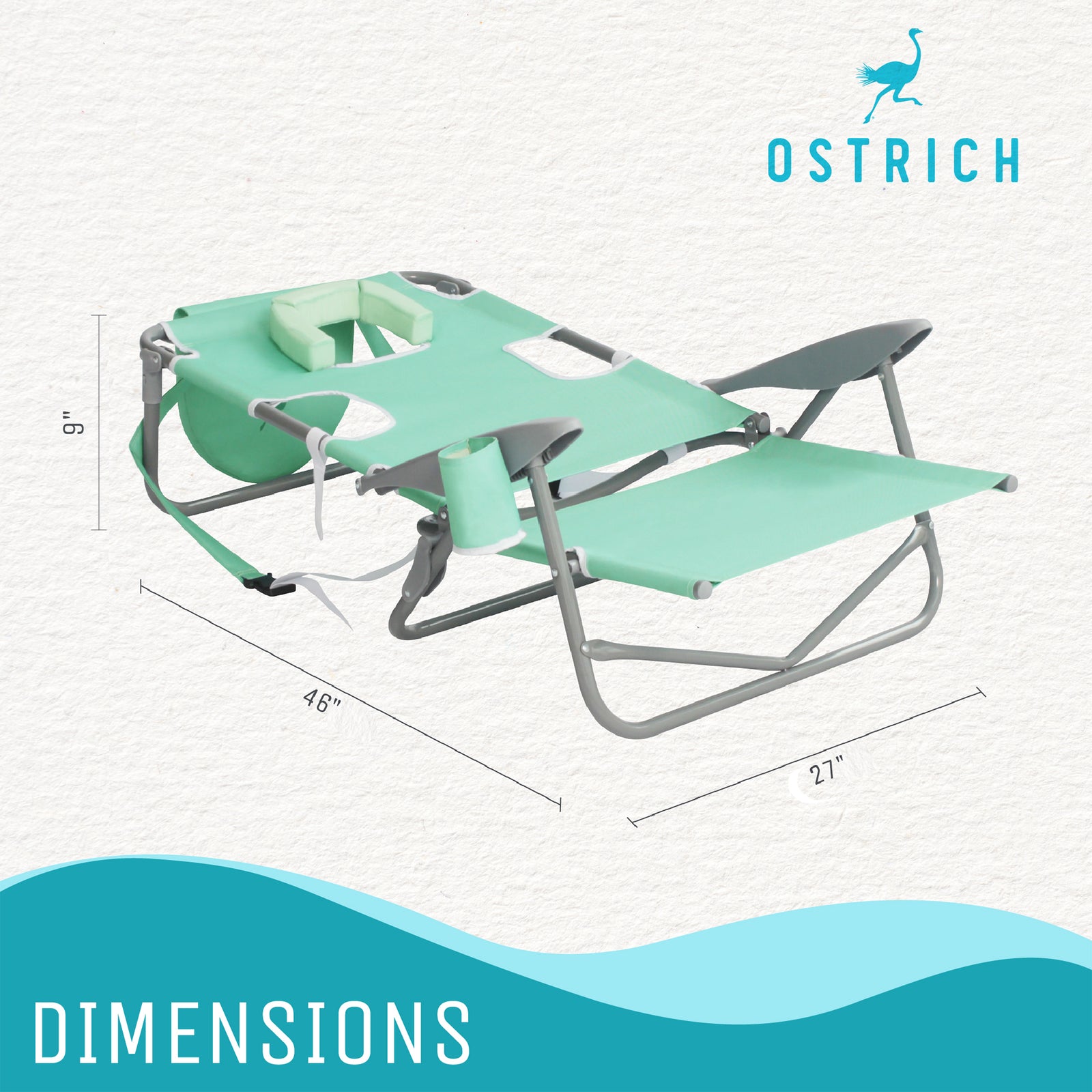 Ostrich On-Your-Back Outdoor Reclining Beach Lounge Pool Camping Chair, Teal - VMInnovations