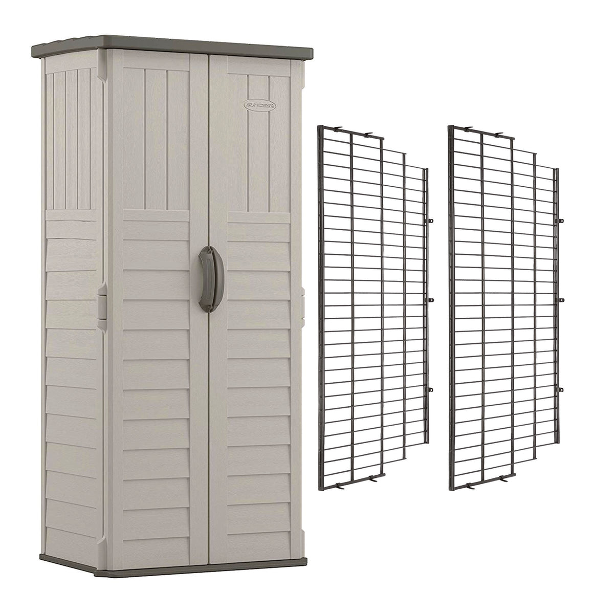 Suncast Vertical Storage Shed Bundled w/ Metal Wire Shelf Rack Shelving (2 Pack)