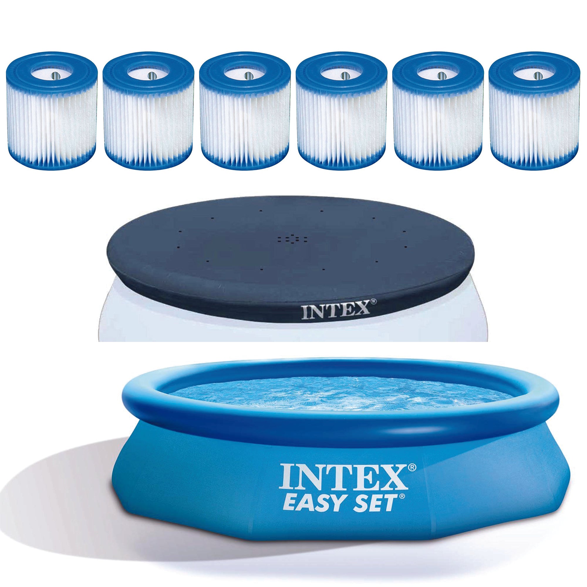 Intex Filter Cartridge (6 Pack) w/ Vinyl Round Cover & Inflatable Swimming Pool - VMInnovations