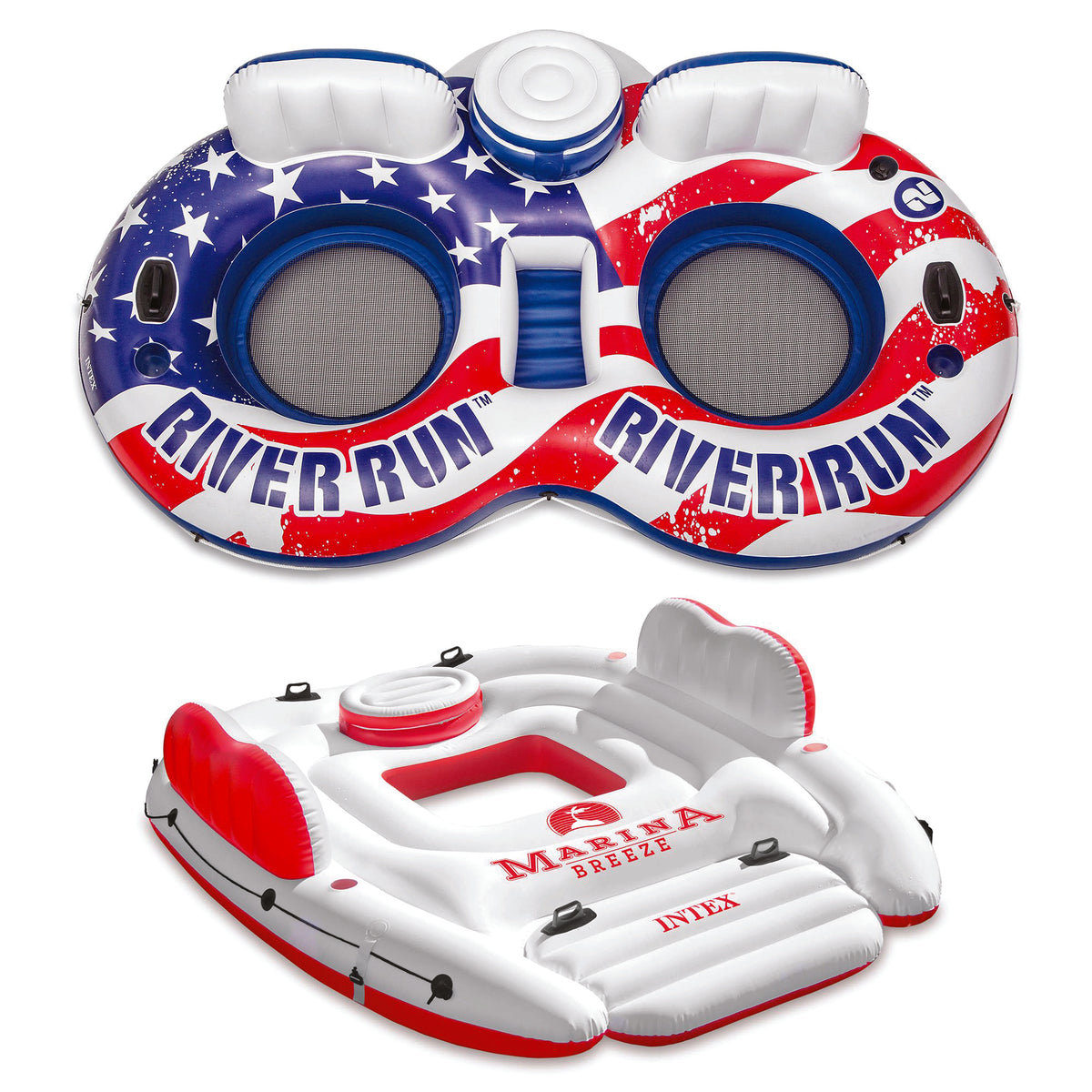 Intex American Flag Inflatable 2 Person Float w/ Cooler & Island Raft w/ Cooler