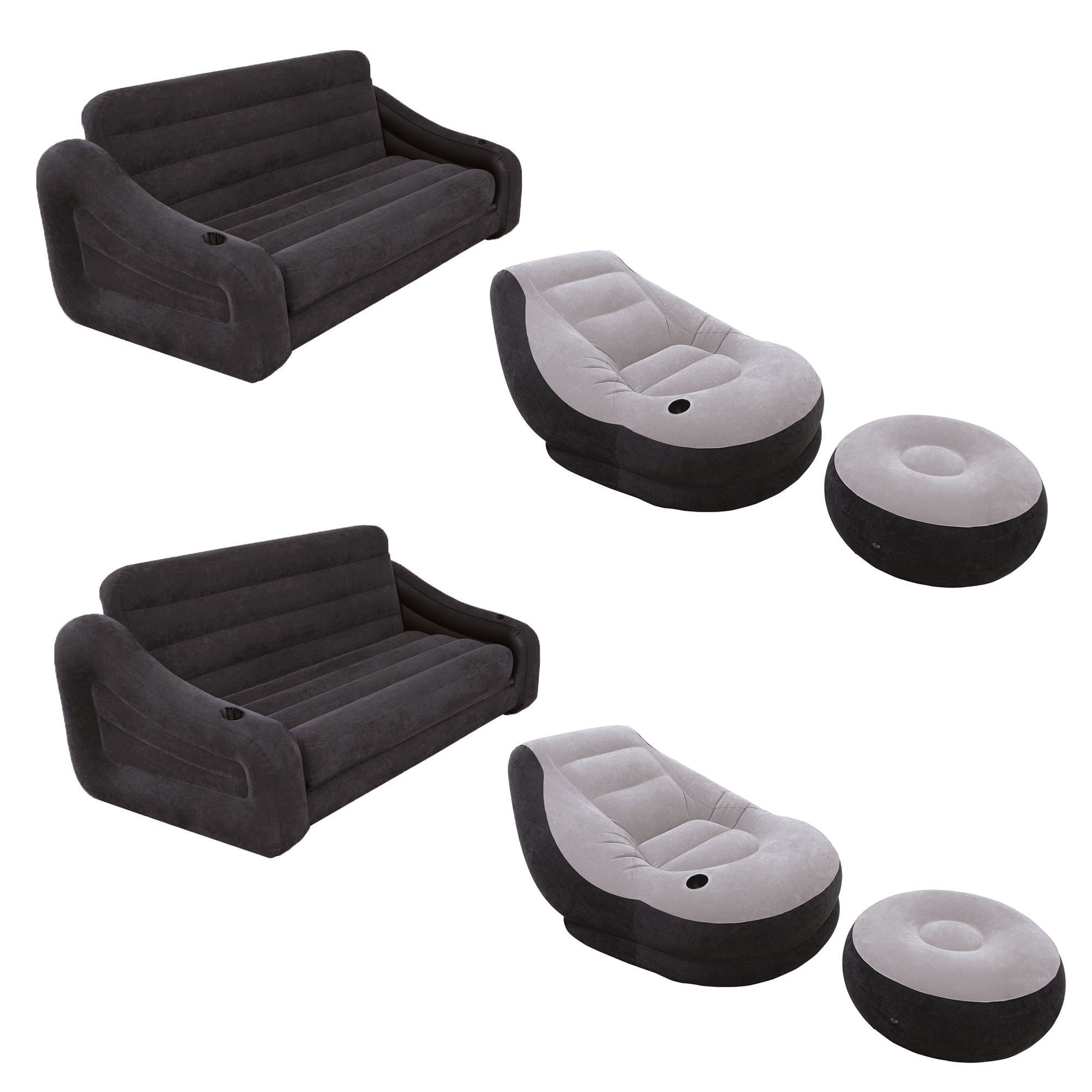 Intex Queen Size Pull Out Futon Couch (2 Pack) & Lounge Chair w/ Ottoman(2 Pack)