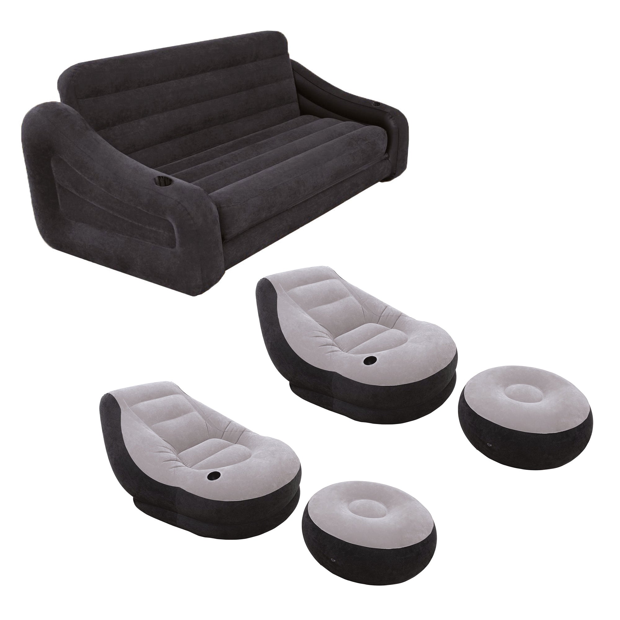 Intex Queen Size Pull Out Futon Couch & Lounge Chair w/ Ottoman(2 Pack)