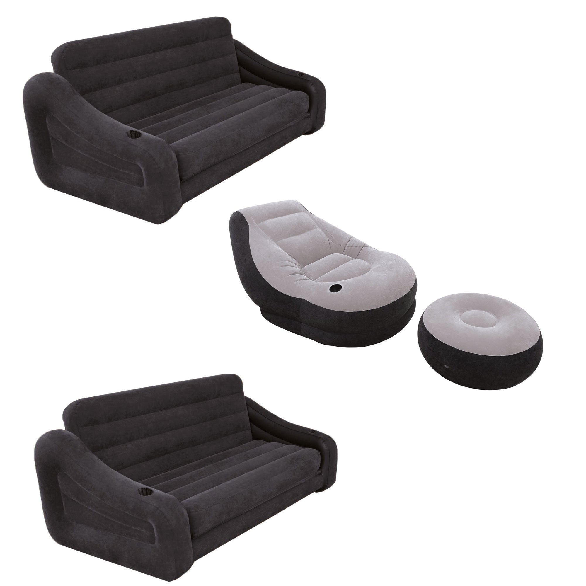 Intex Queen Size Pull Out Futon Couch (2 Pack) & Lounge Chair w/ Ottoman