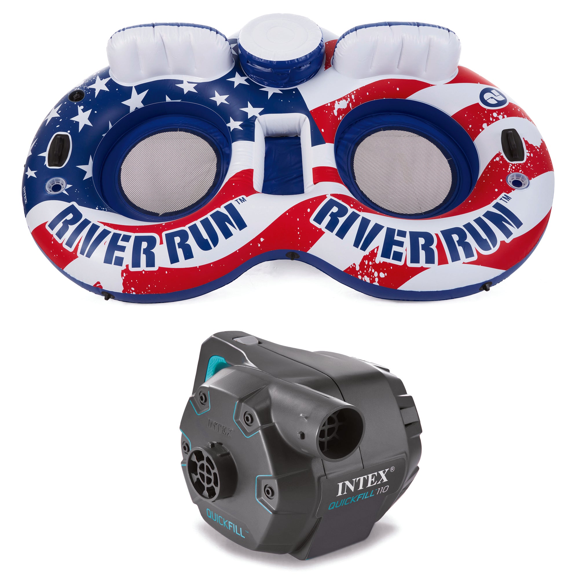 Intex American Flag 2 Person Pool Tube Float with Cooler Bundled with Air Pump - VMInnovations