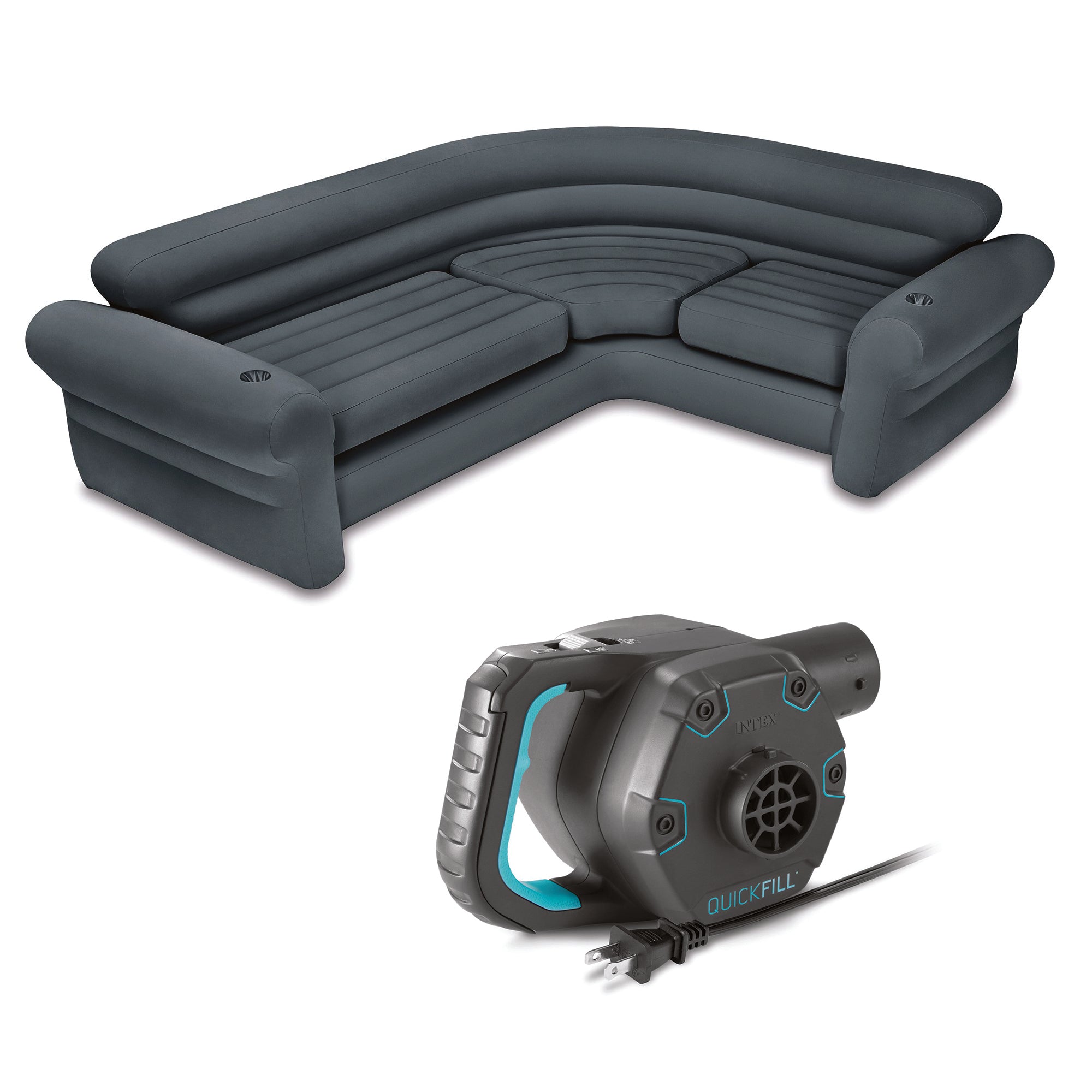 Intex Inflatable Indoor Corner Sectional w/ Cupholders (2 Pack) & Air Bed Pump - VMInnovations