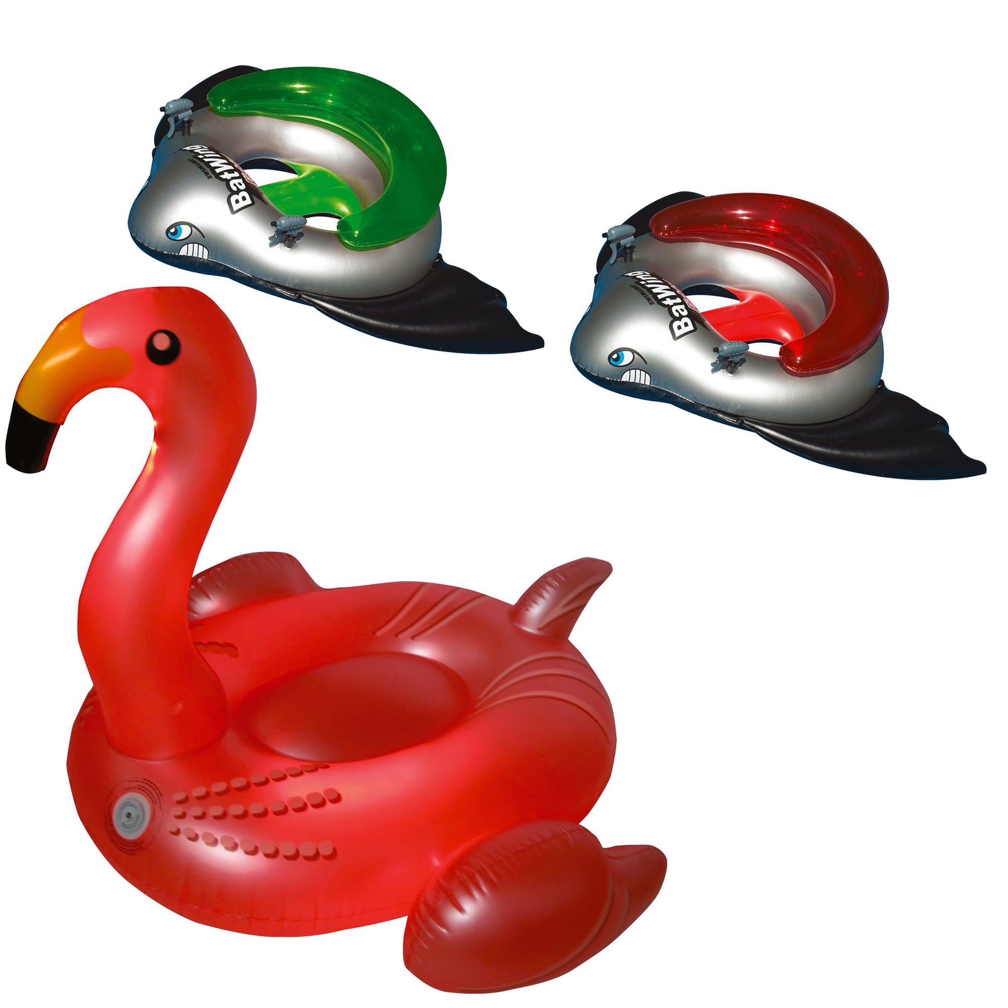 Bundle: Giant Inflatable Ride-On Flamingo & BatWing Ride On Inflatable Tube Set