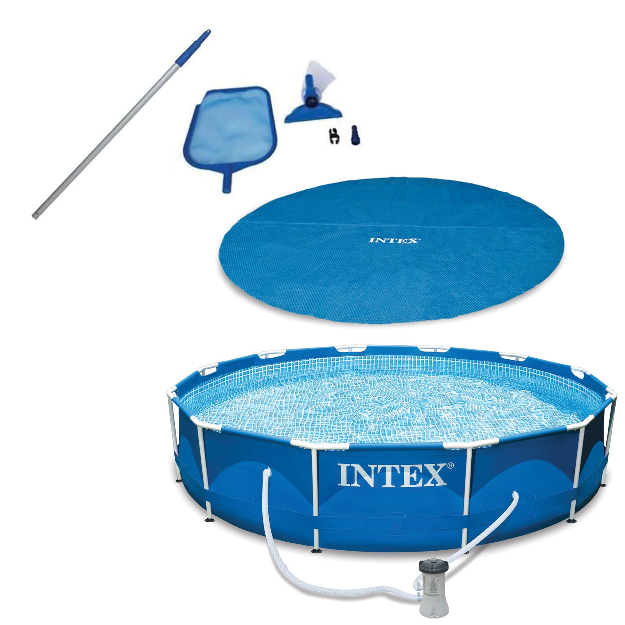 Intex 12 Ft Pool Cover Tarp, Pool Cleaning Kit, and Above Ground Swimming Pool