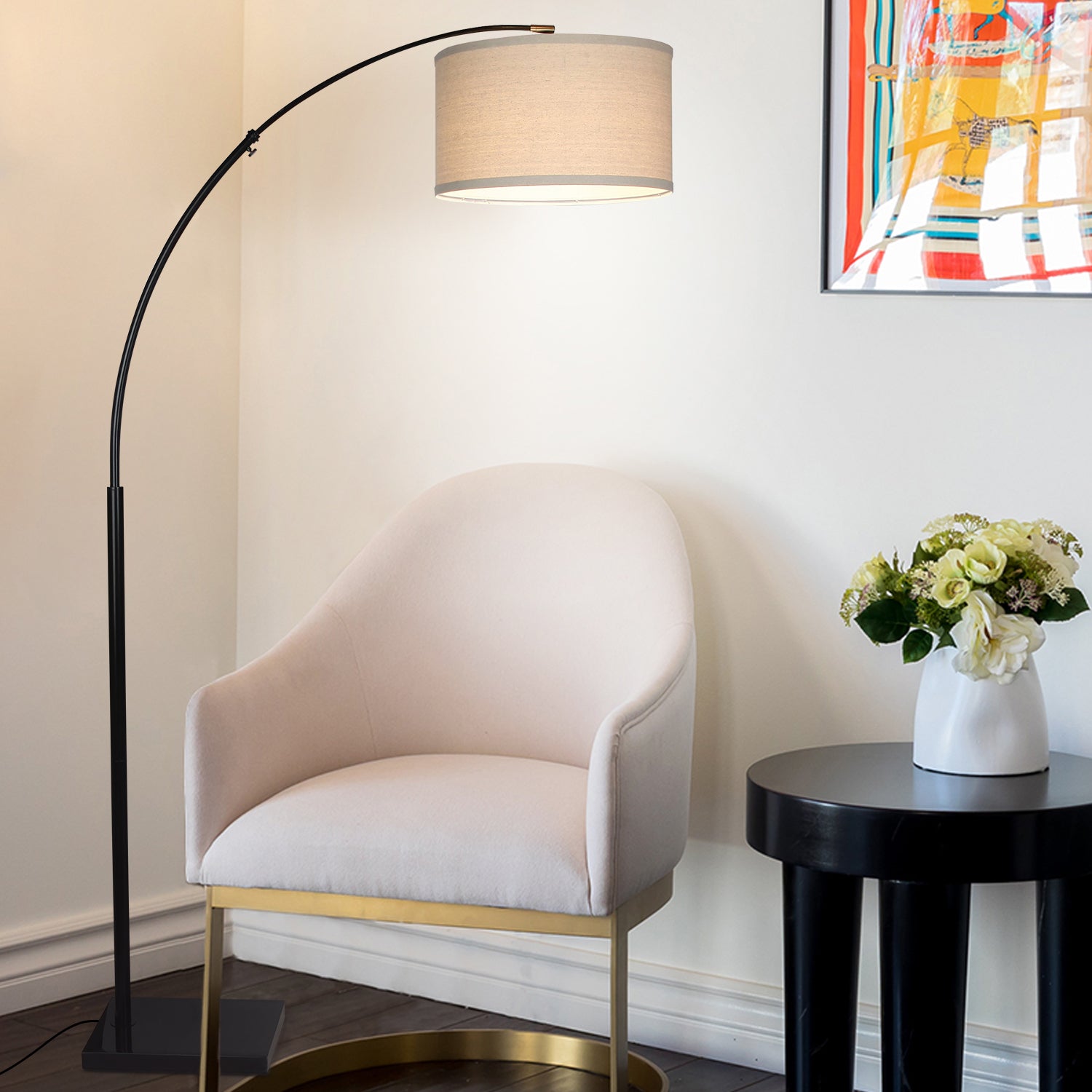 Brightech Logan Arc Standing Floor Lamp with LED Bulb Drum Shade, Black (Used)