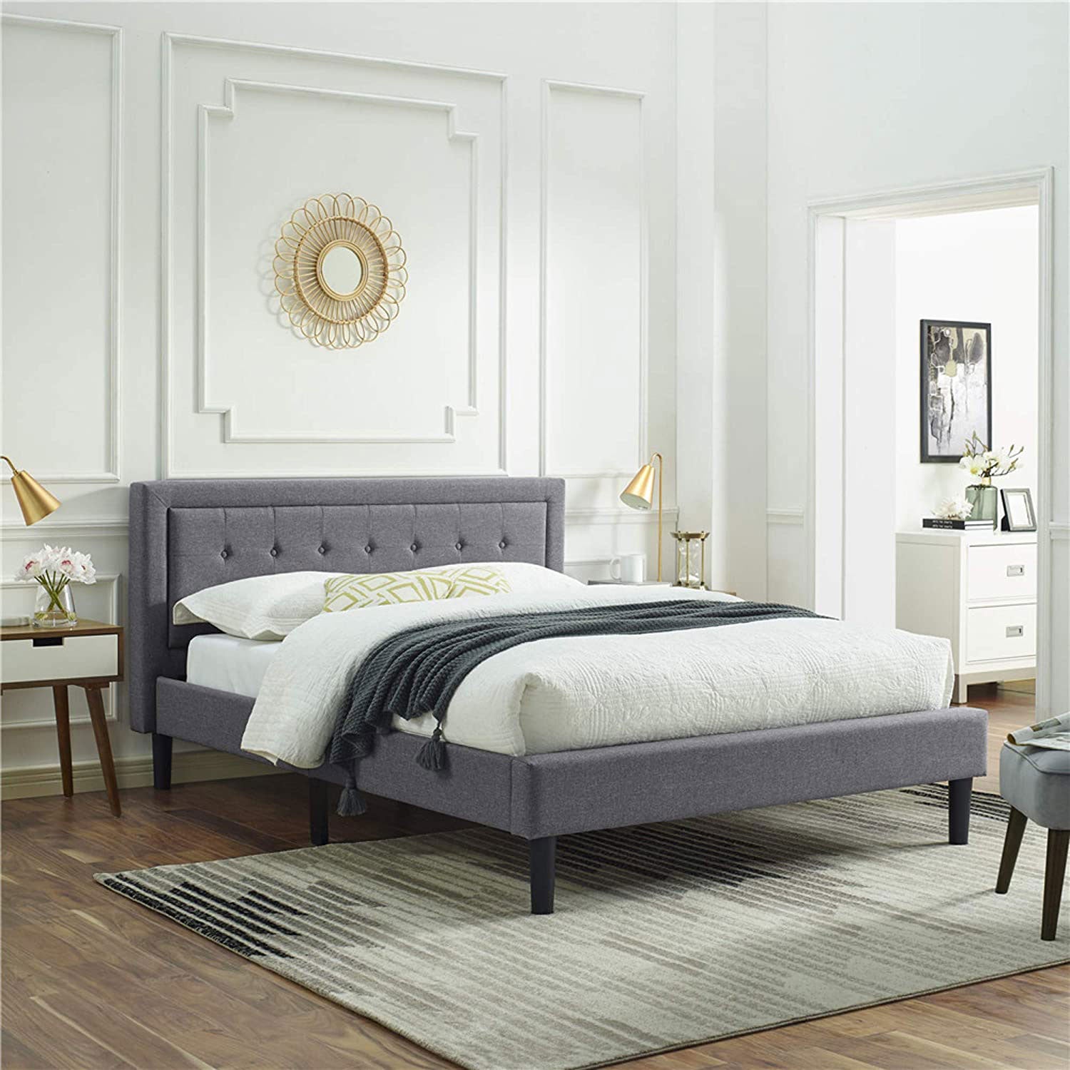 Classic Brands Mornington Tufted Upholstery Platform Bed Frame, King, Light Grey