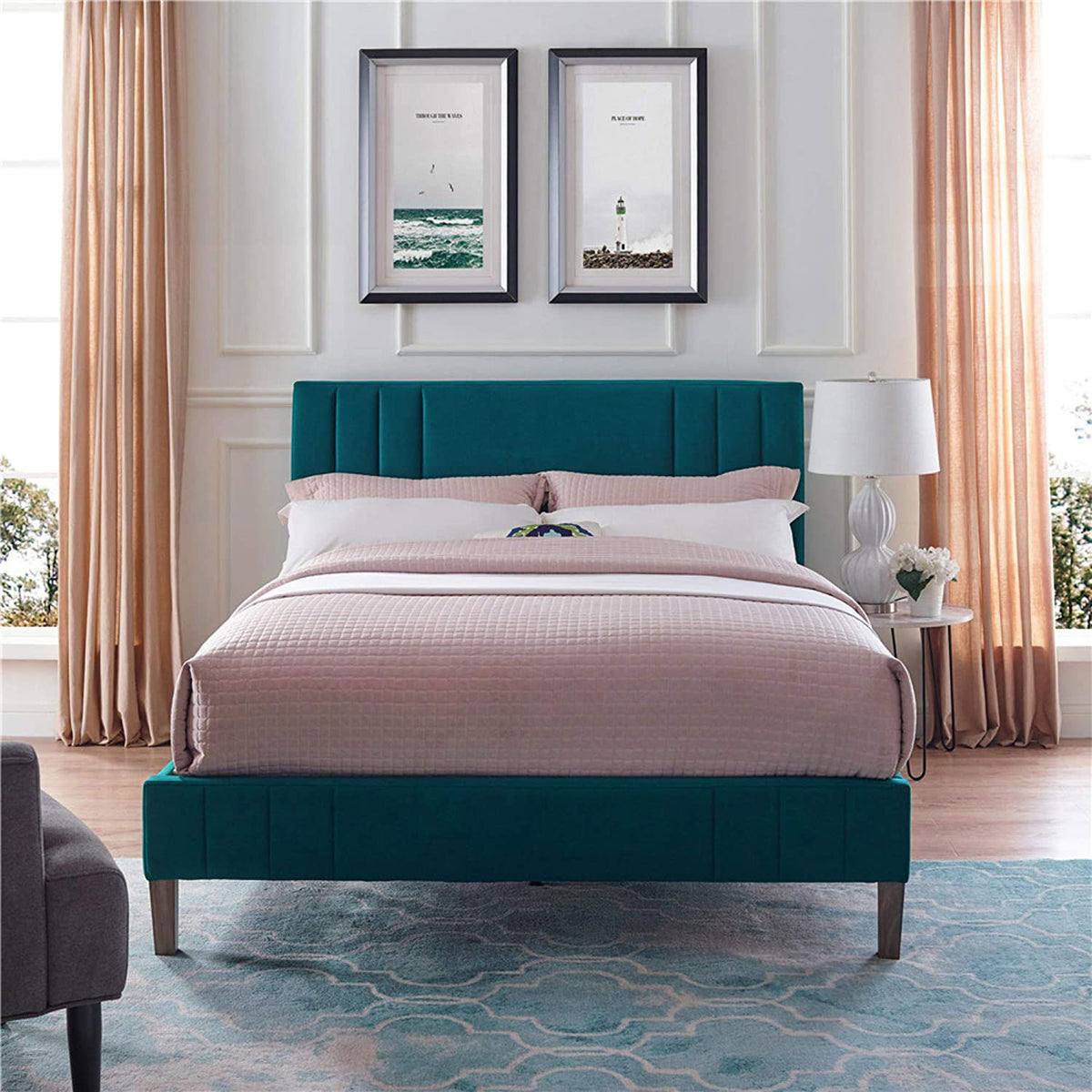 Classic Brands Chicago Modern Tufted Upholstered Platform Bed Frame, Full, Teal
