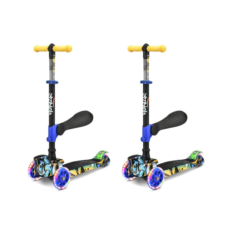 Hurtle ScootKid 3 Wheel Child Ride On Scooter with LED Wheels, Graffiti (2 Pack)