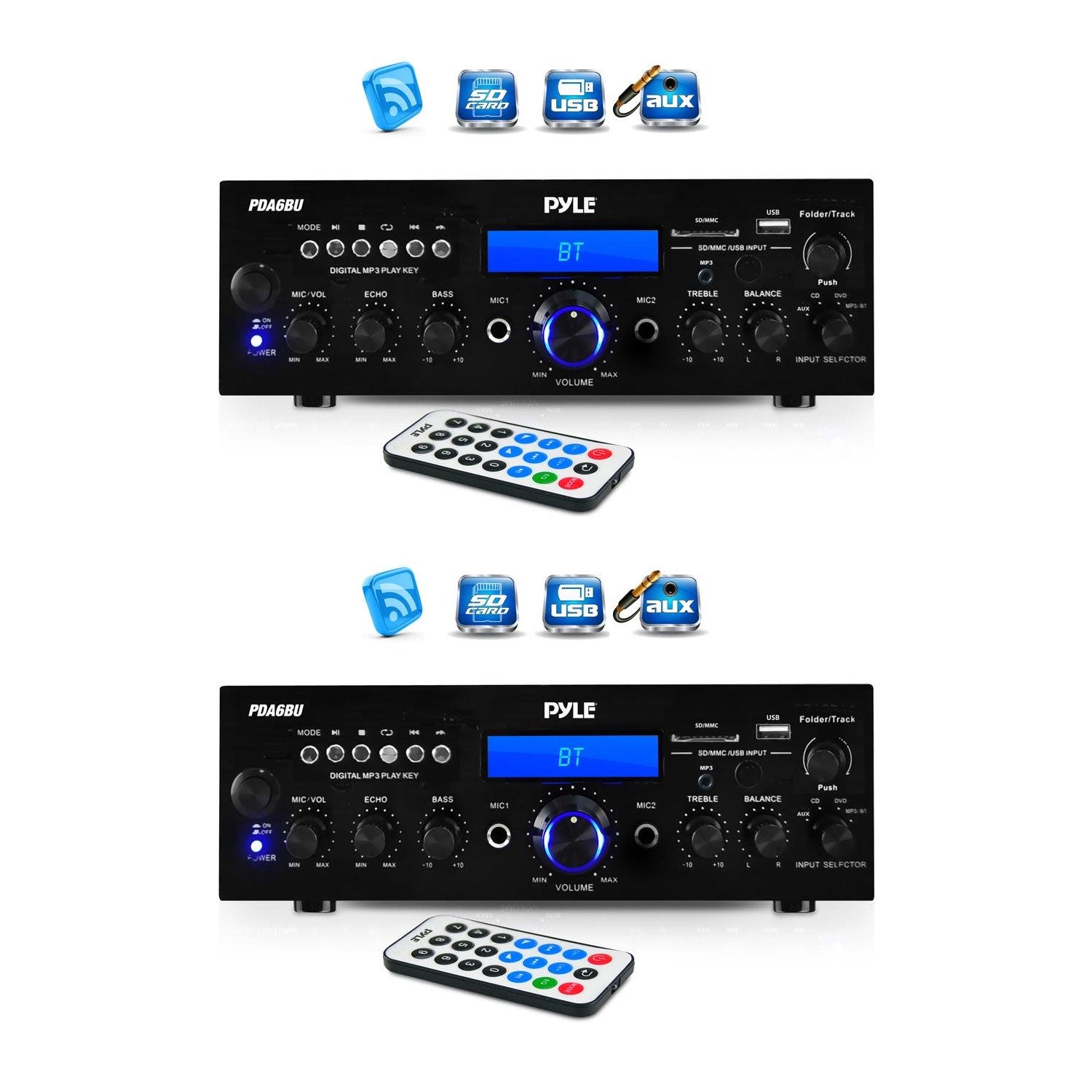 Pyle 200 Watt Bluetooth LCD Home Stereo Amplifier with Remote (2 Pack)