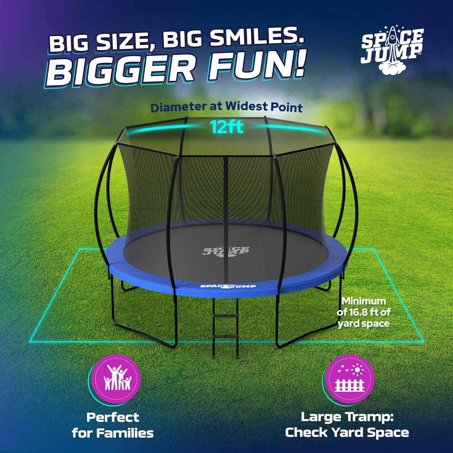 SpaceJump Nova 12 Ft Trampoline, Outdoor Bounce Pad with Safety Net, Blue/Black