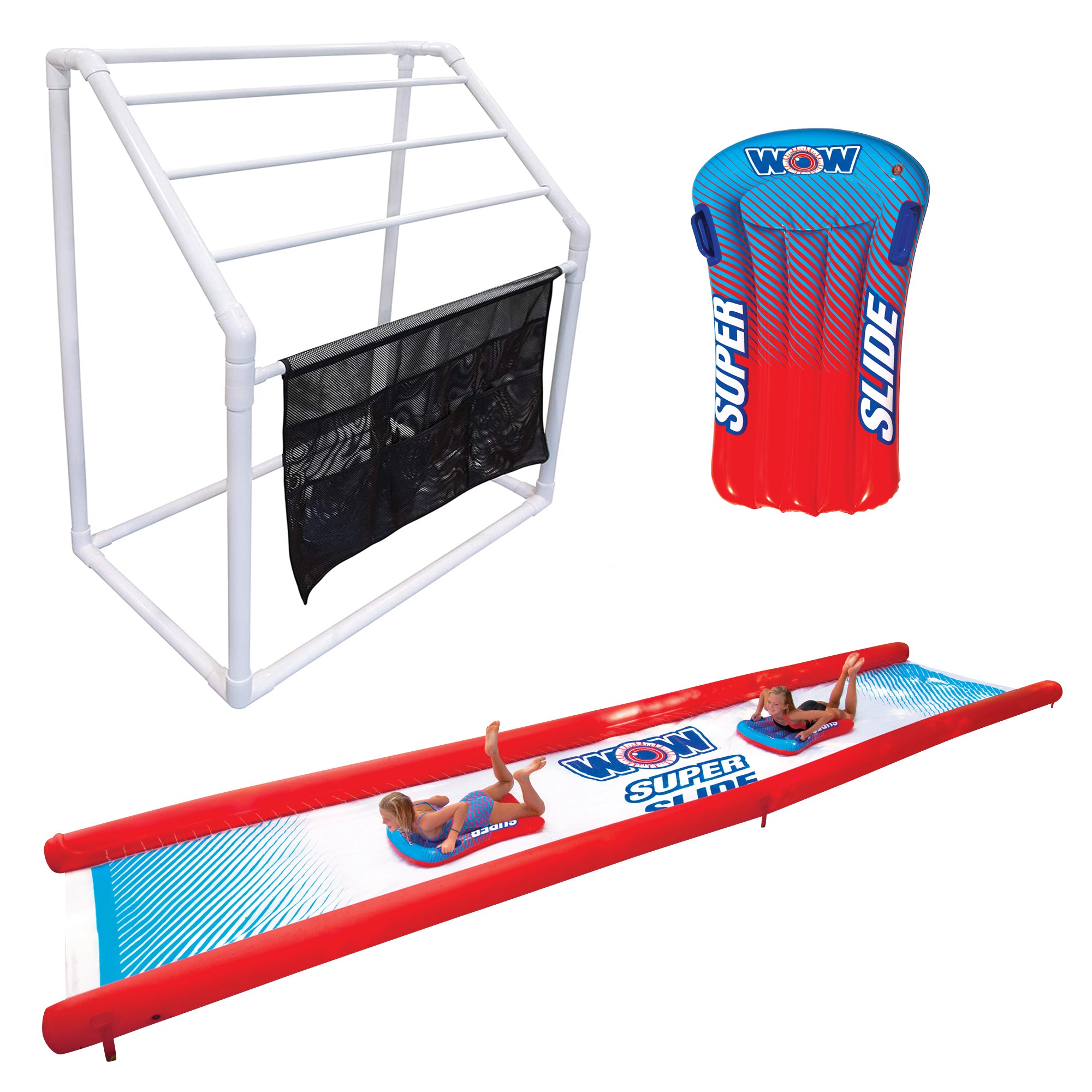 WOW Watersports Freestanding 5 Rail Towel Rack and Giant Waterslide with Sleds