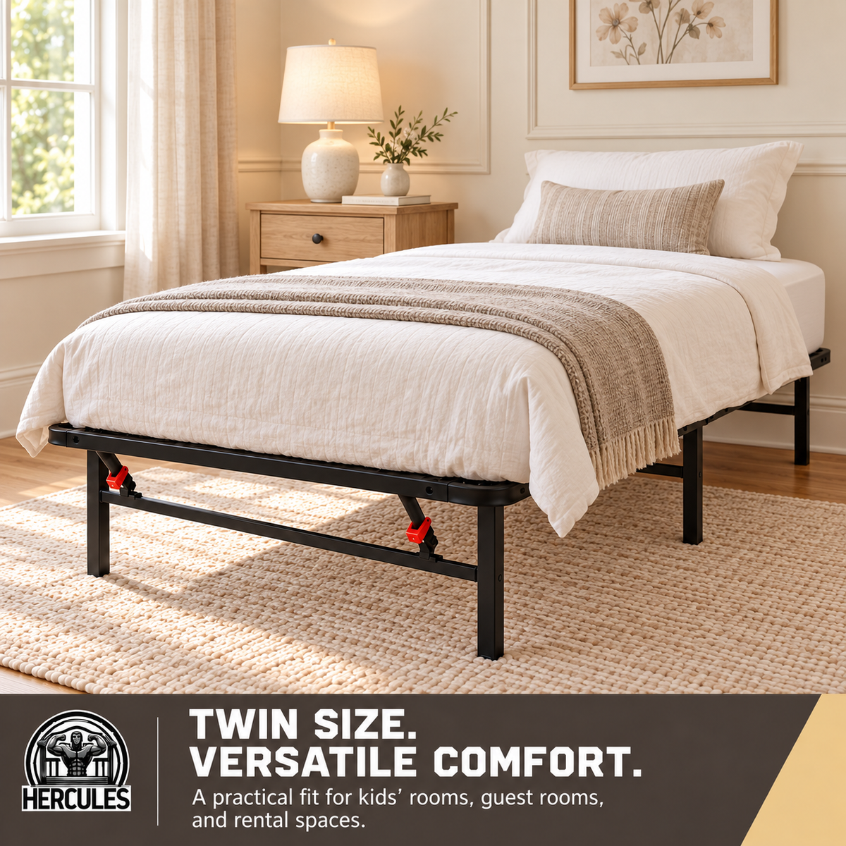 Hercules Folding Metal Bed Frame, 14 Inch Platform Mattress Foundation, Twin