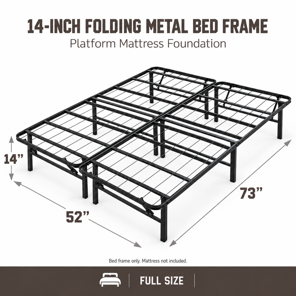 Hercules Folding Metal Bed Frame, 14 Inch Platform Mattress Foundation, Full - VMInnovations