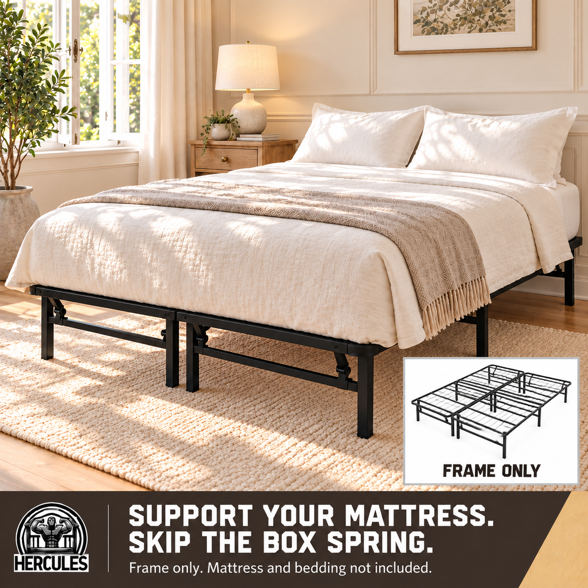 Hercules Folding Metal Bed Frame, 14 Inch Platform Mattress Foundation, Full - VMInnovations