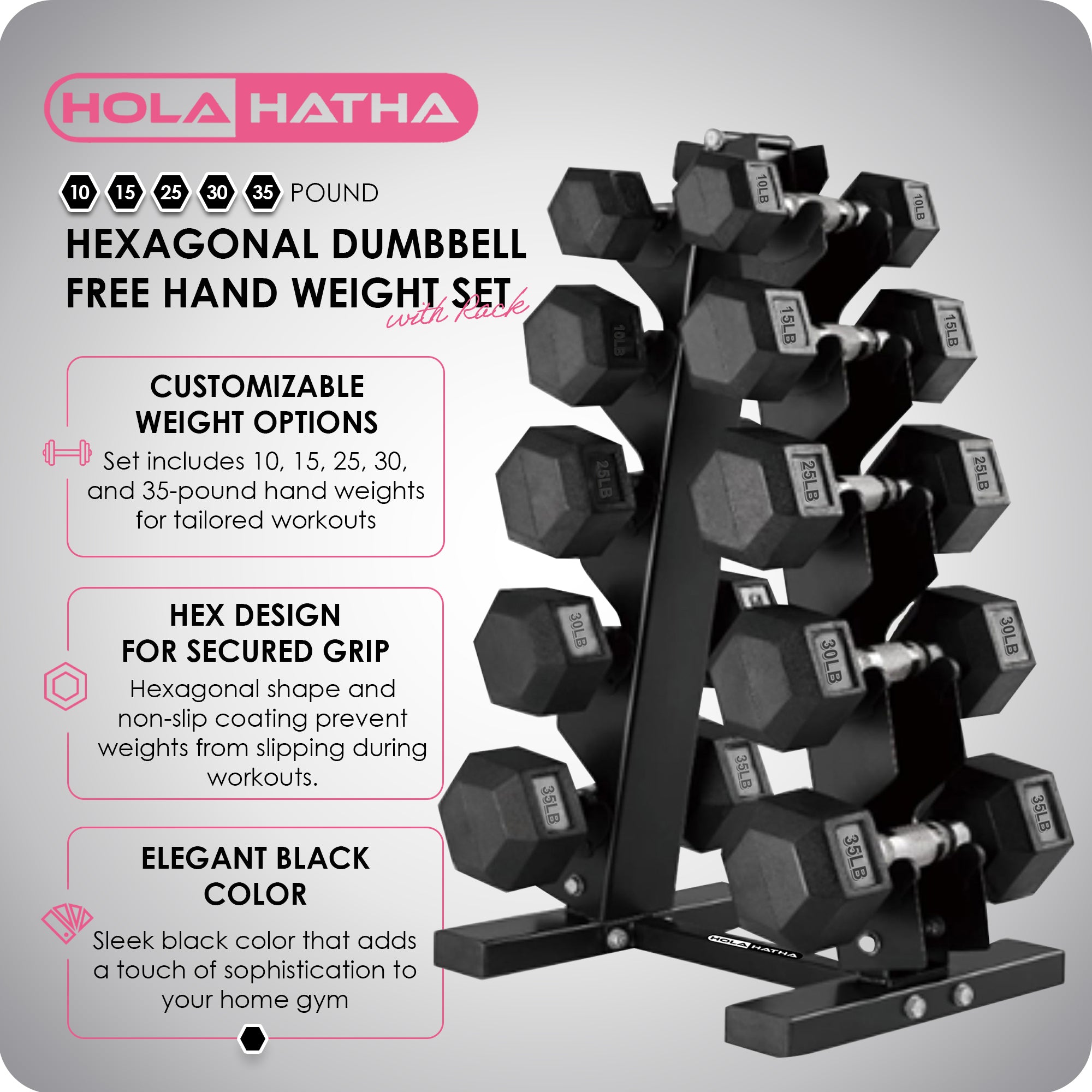 HolaHatha 10, 15, 25, 30 & 35 Lb Hexagonal Dumbbell Weight Set w/ Rack, Black - VMInnovations