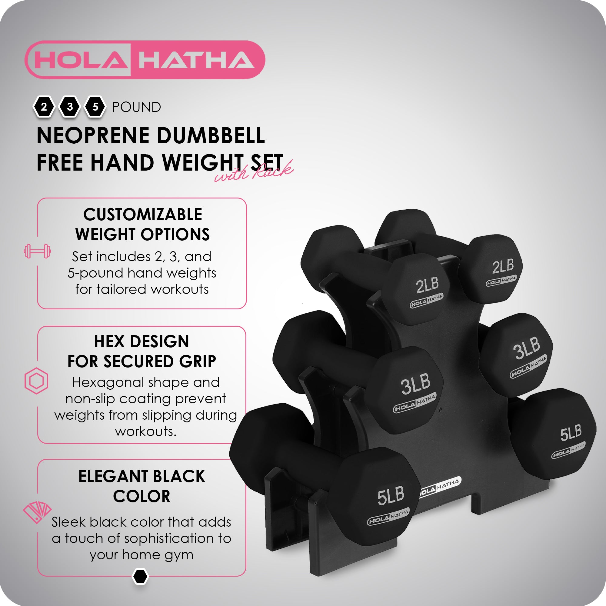 HolaHatha 2, 3, and 5lb Neoprene Dumbbell Hand Weight Set w/Rack, Blk (Open Box) - VMInnovations