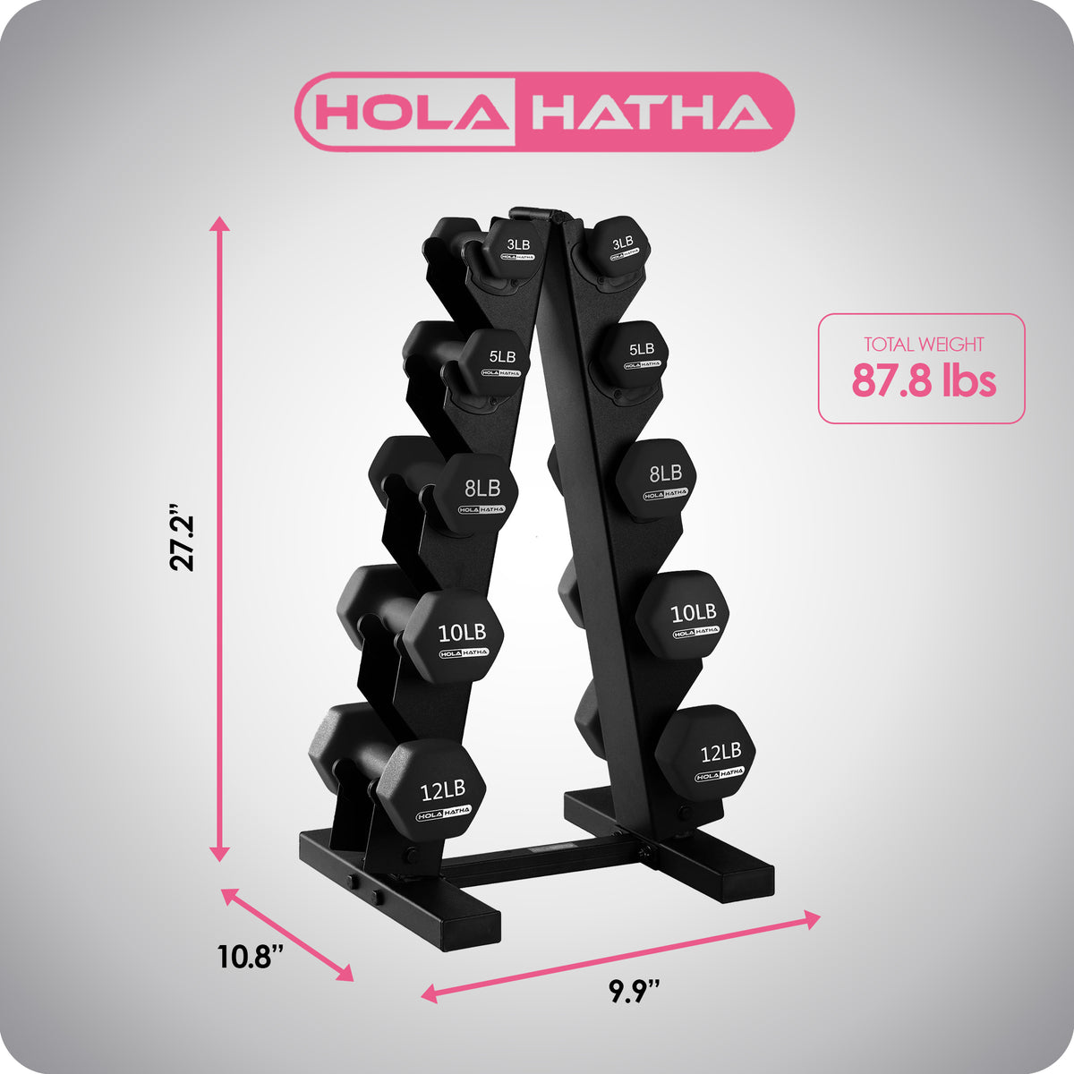 HolaHatha Neoprene Coated Dumbbell Weight Set w/Storage Rack, Black(Open Box) - VMInnovations