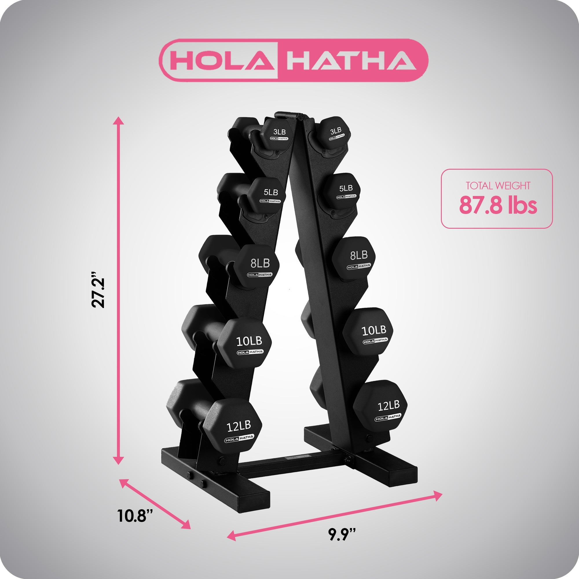 HolaHatha Neoprene Coated Dumbbell Free Hand Weight Set with Storage Rack, Black - VMInnovations