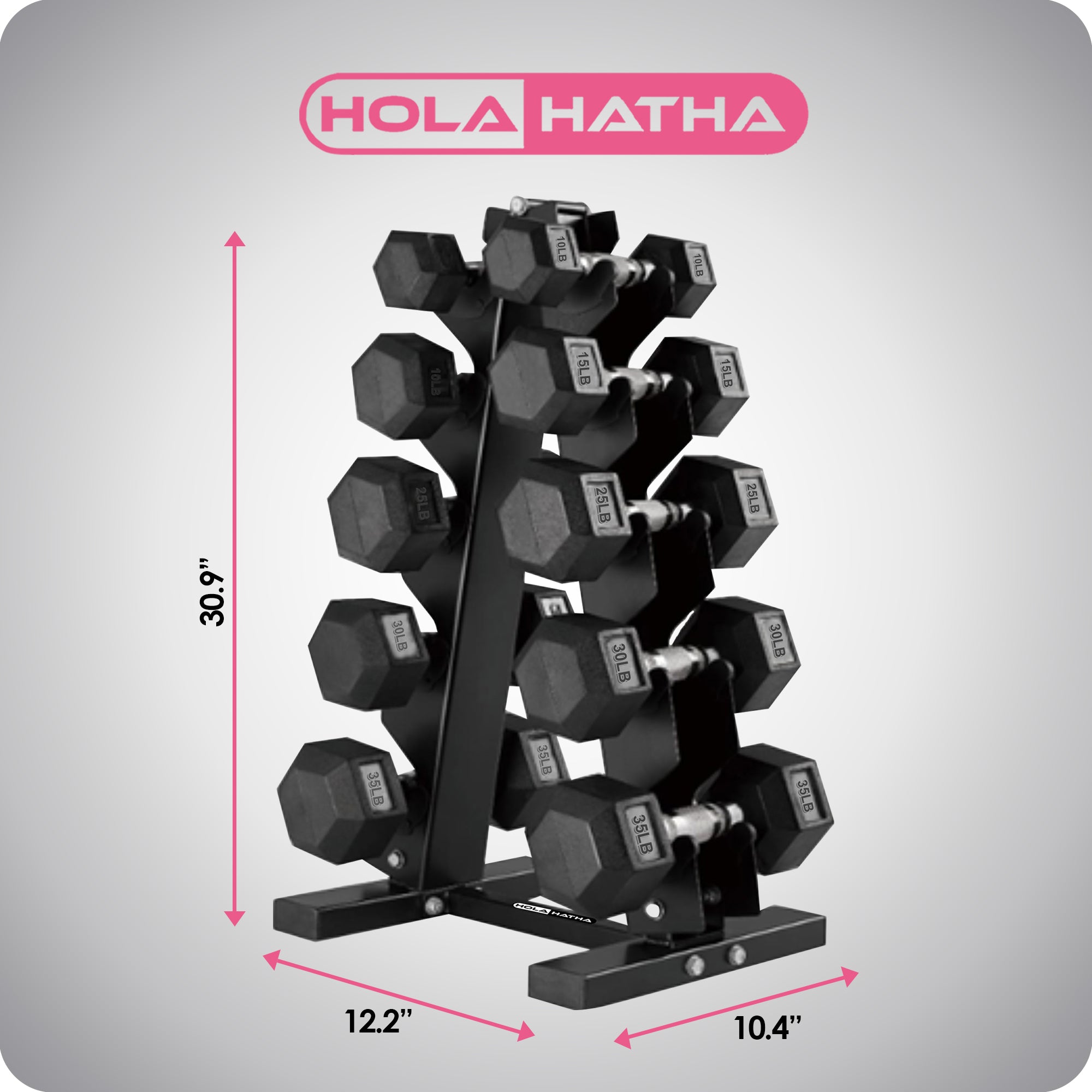 HolaHatha 10, 15, 25, 30 & 35 Lb Hexagonal Dumbbell Weight Set w/ Rack, Black - VMInnovations
