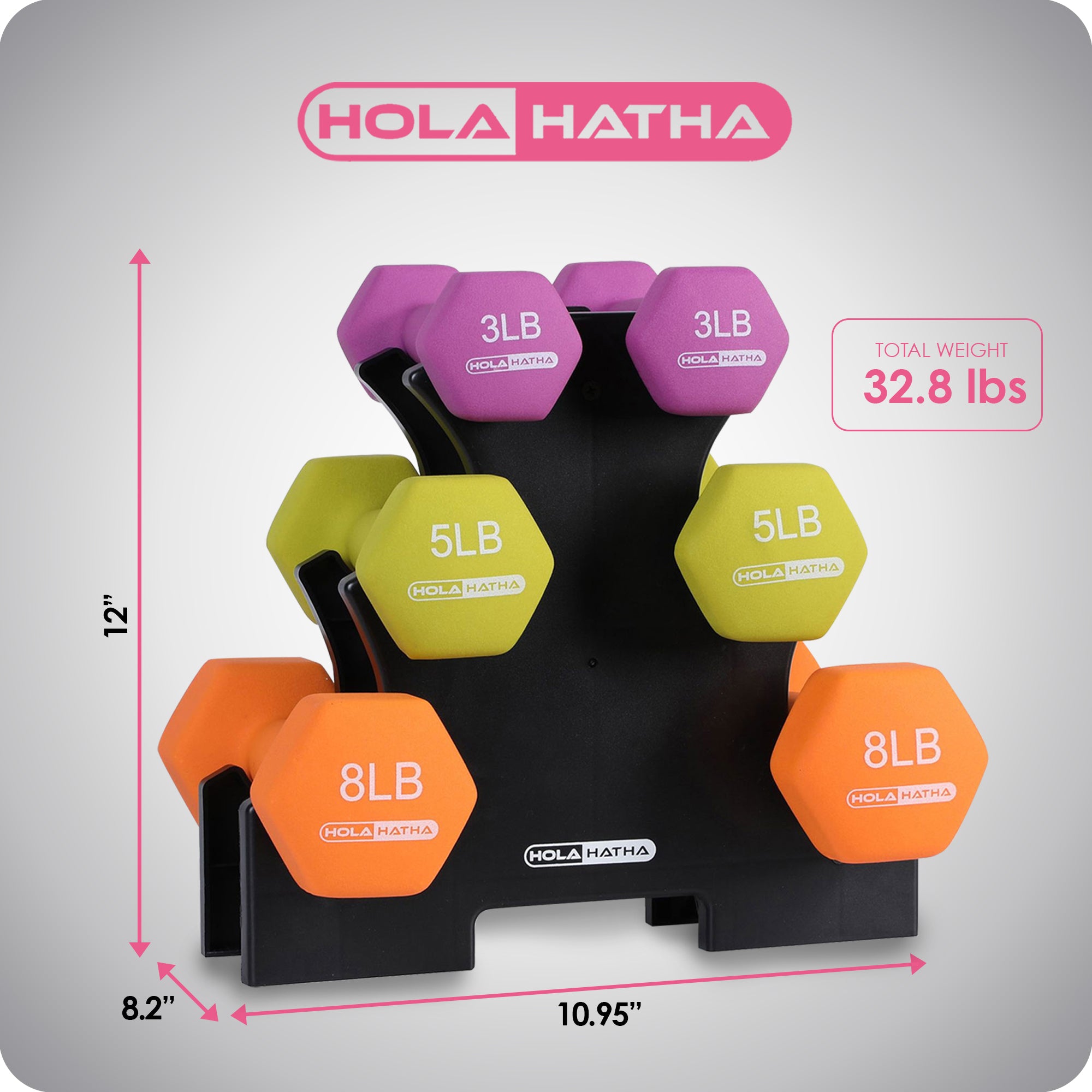 HolaHatha Dumbbell Weight Set w/ 3, 5 and 8 Pound Hand Weights and Rack (Used) - VMInnovations