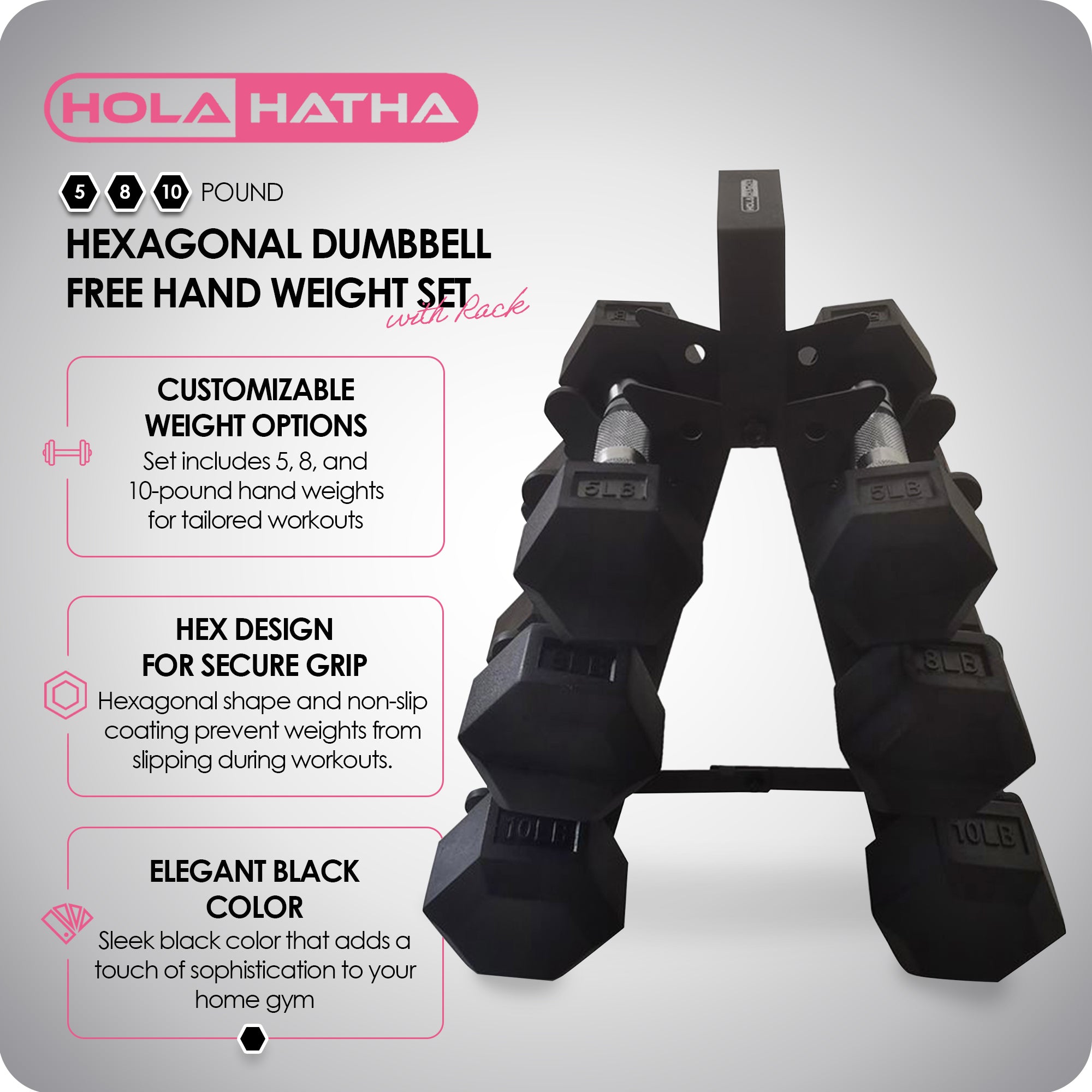 Hexagonal Dumbbell Free Hand Weight Set w/ Rack, 5, 8, & 10 Lbs (Open Box) - VMInnovations