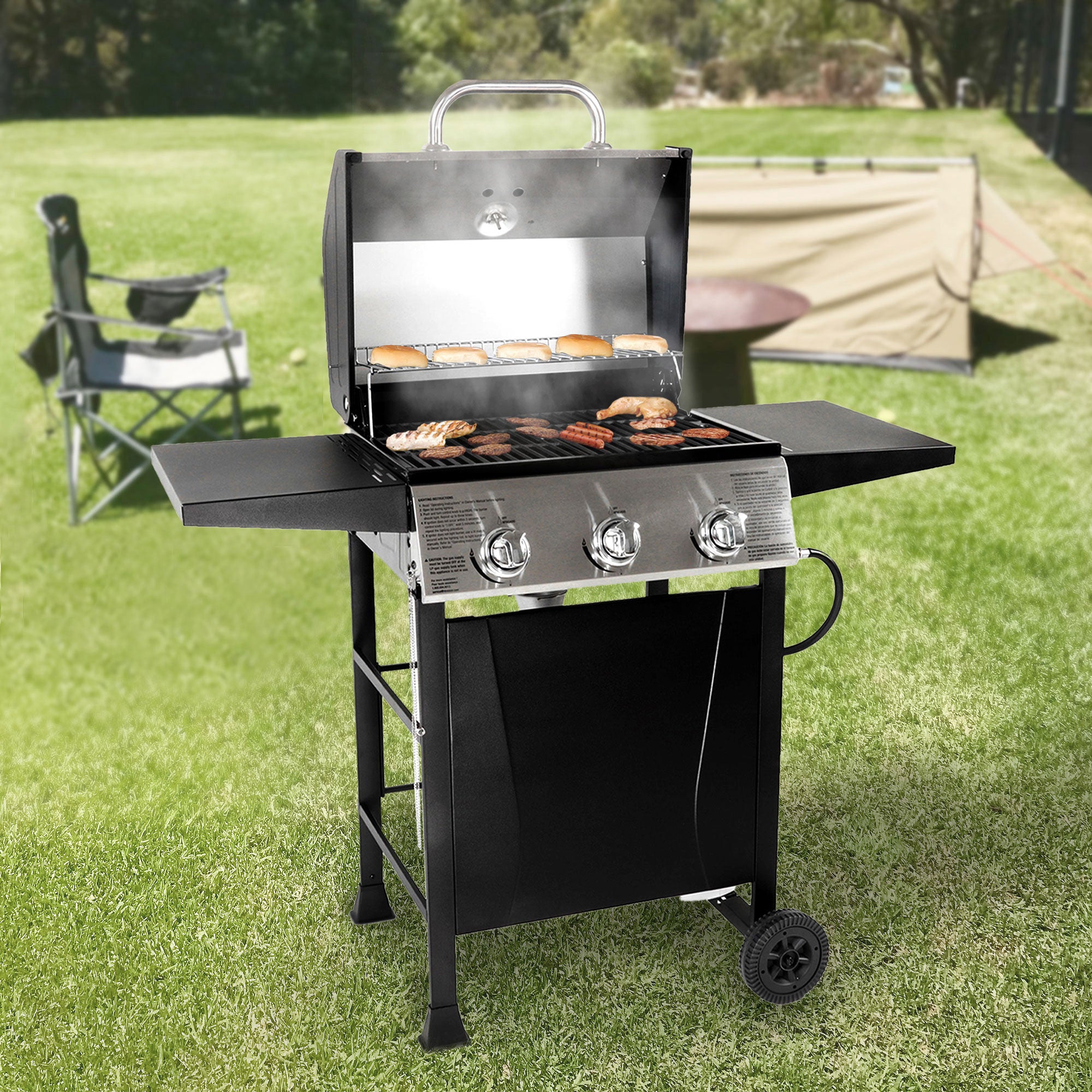 Grill Boss 3 Burner Gas Grill w/ Top Cover and Shelves, Stainless Steel (Used) - VMInnovations