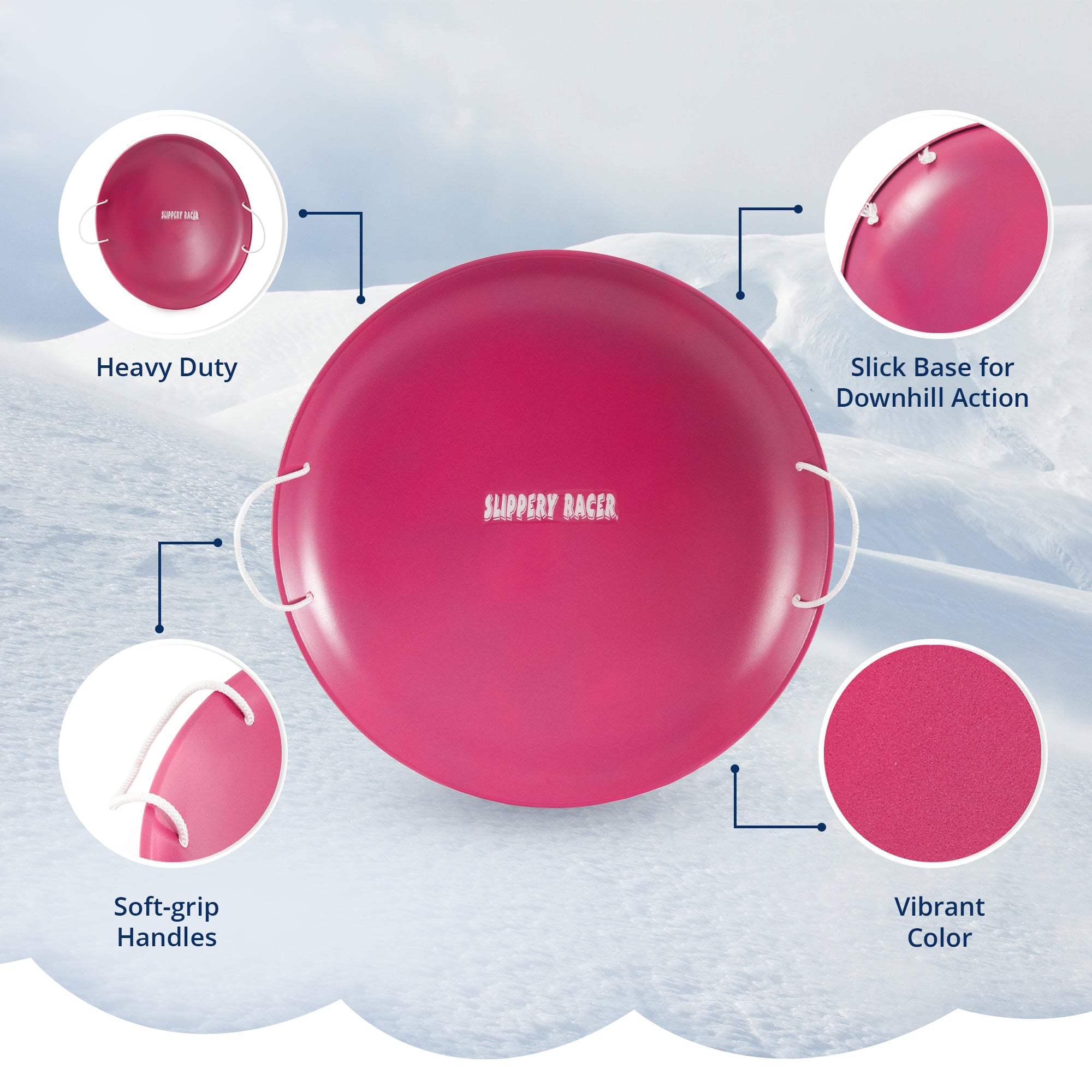 Slippery Racer ProDisc 26" Heavy Duty Metal Saucer Sled with Rope Handles, Pink - VMInnovations
